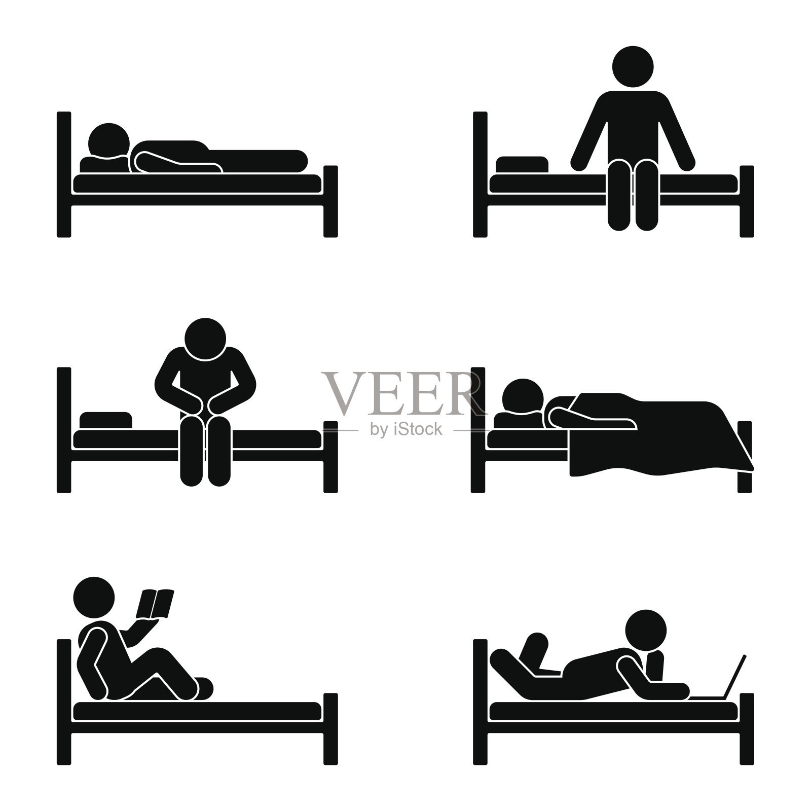 在床上画不同的位置。向量插图的梦，坐，睡觉的人图标符号标志设置象形图上的白色图标素材