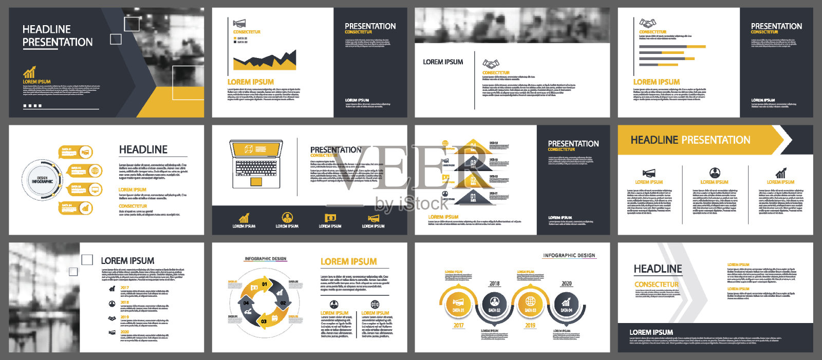 黄色表示模板和信息图元素背景。用于商业年度报告，传单，企业营销，传单，广告，小册子，现代风格。设计模板素材