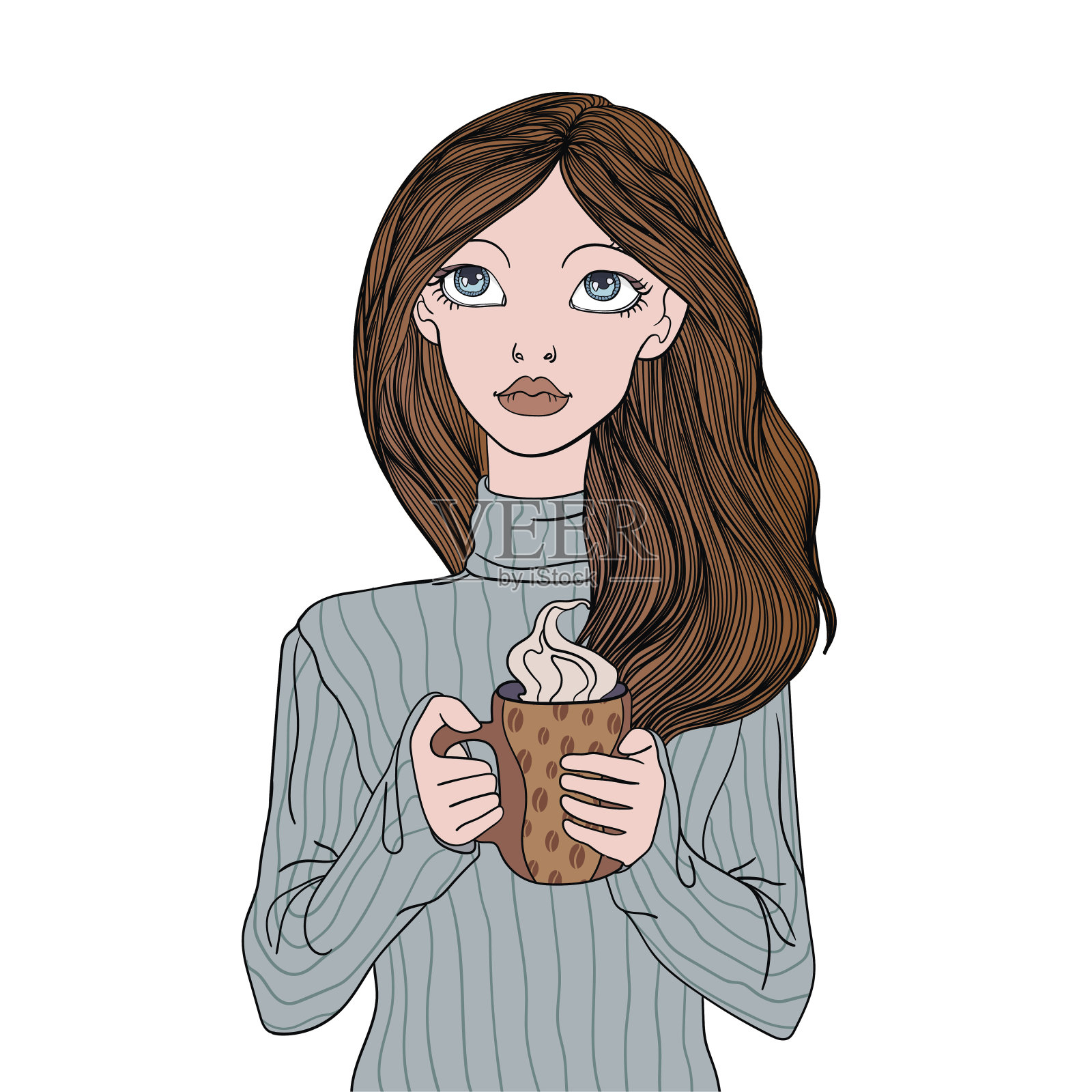 一个小女孩拿着一杯咖啡。矢量肖像插图，孤立在白色背景。插画图片素材
