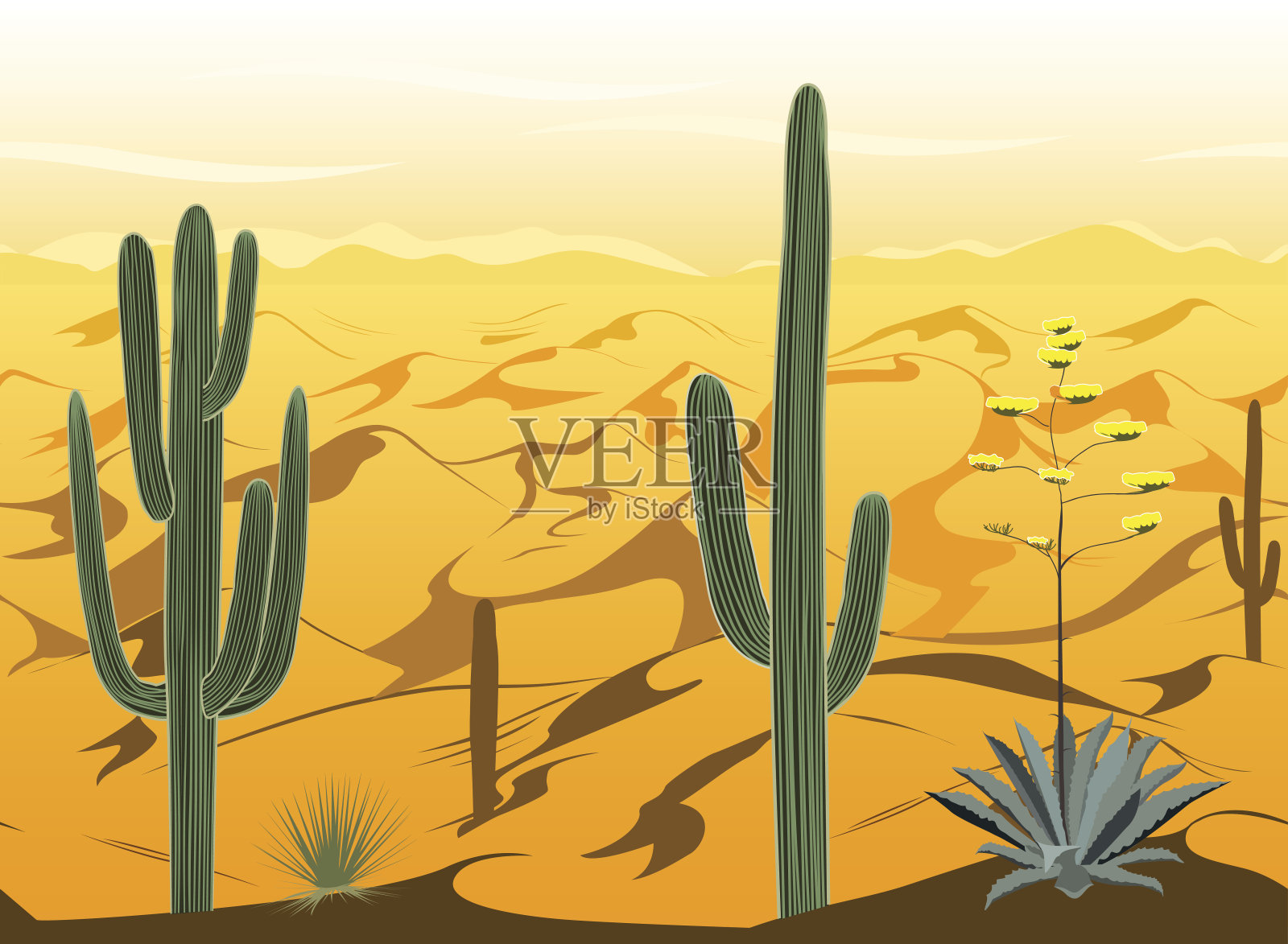 无缝模式与沙漠景观和仙人掌在矢量剪影插画图片素材