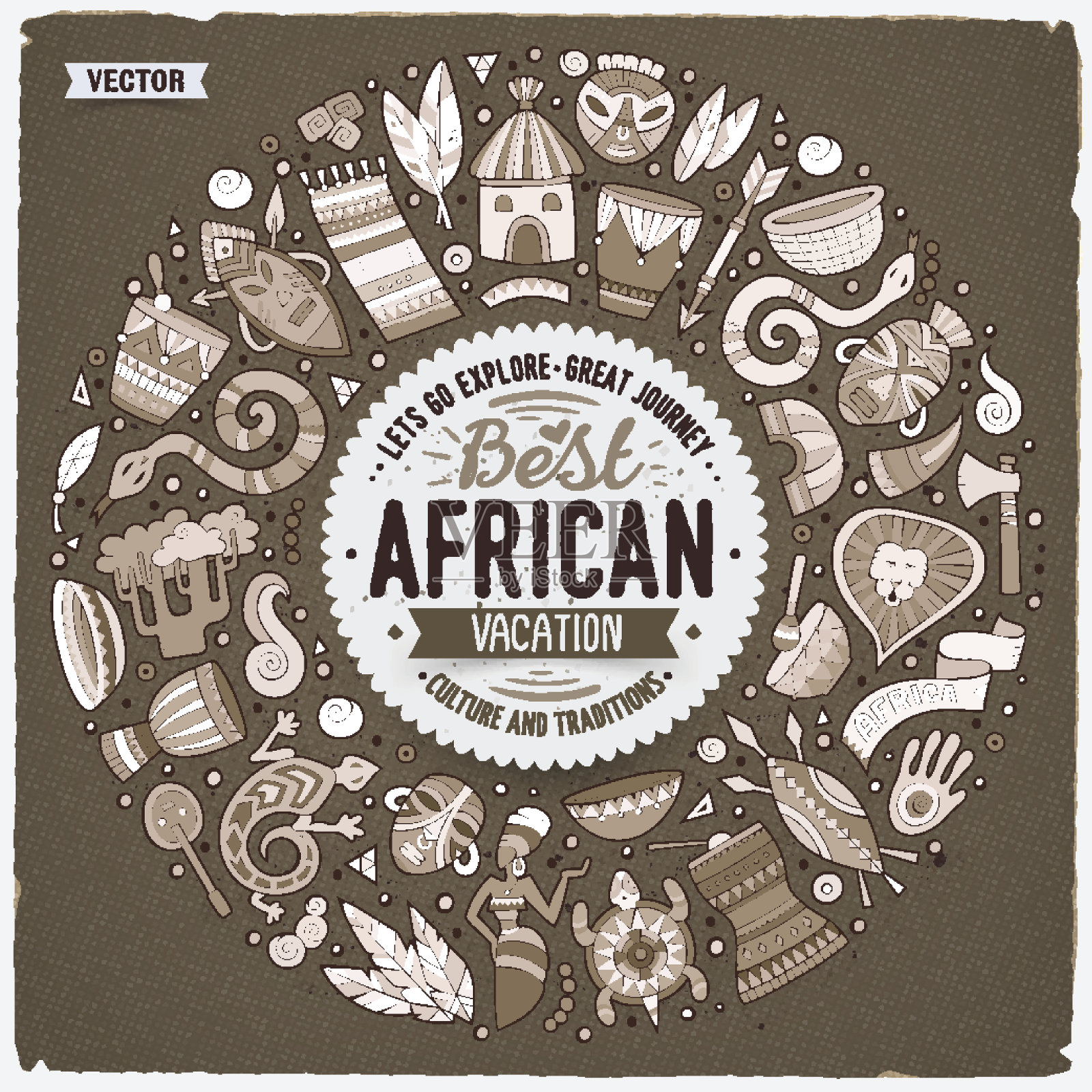一套非洲卡通涂鸦物体圆形框架插画图片素材