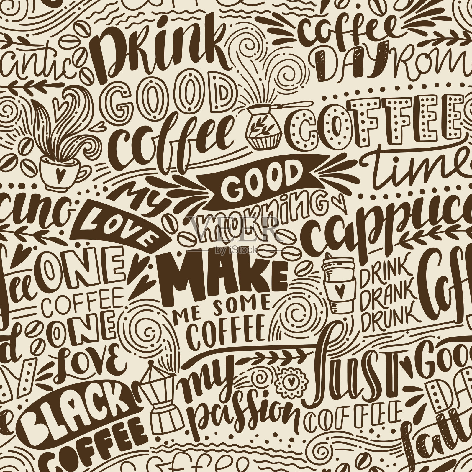 无缝字母咖啡模式与报价。手绘矢量图插画图片素材