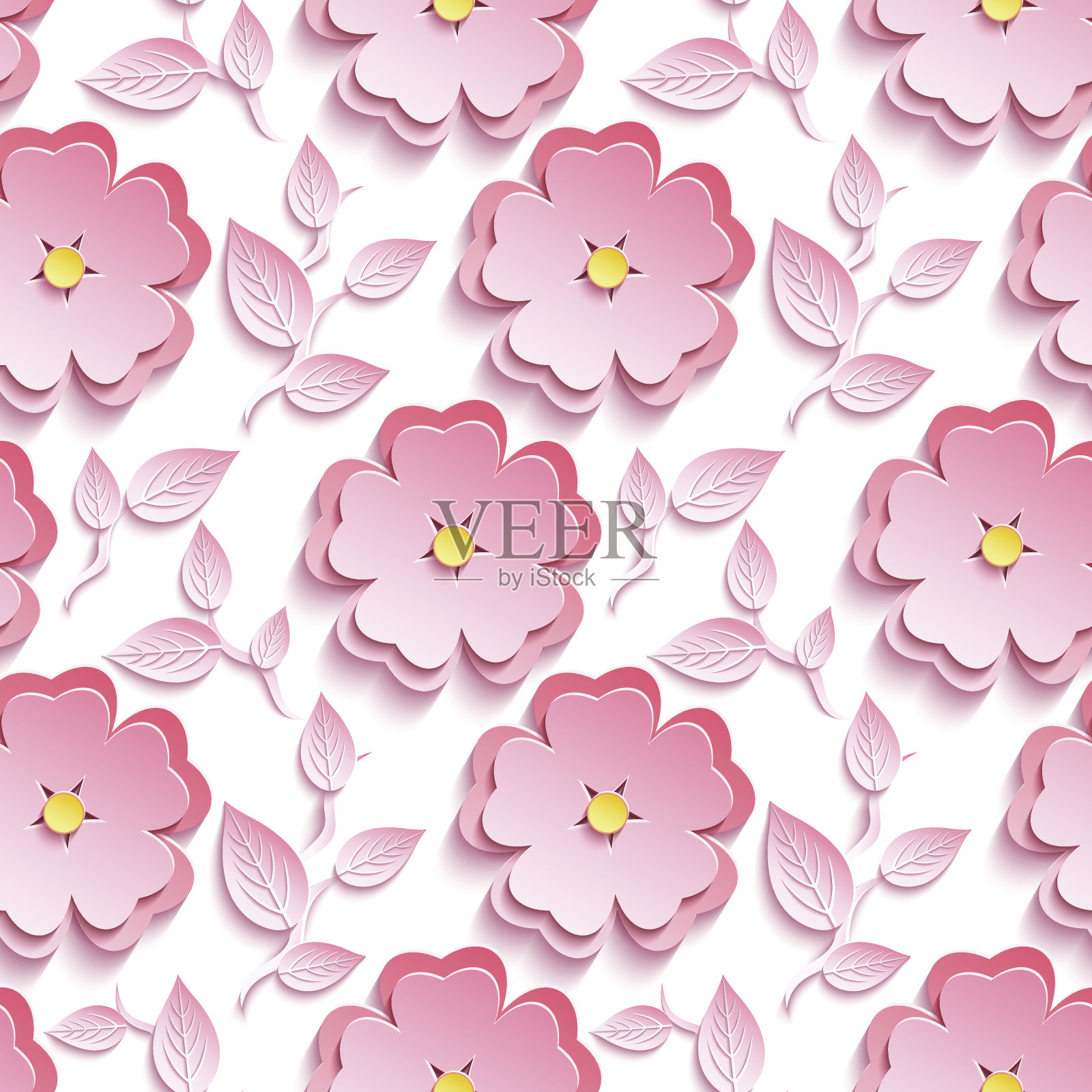无缝图案与粉红色3d樱花剪纸插画图片素材