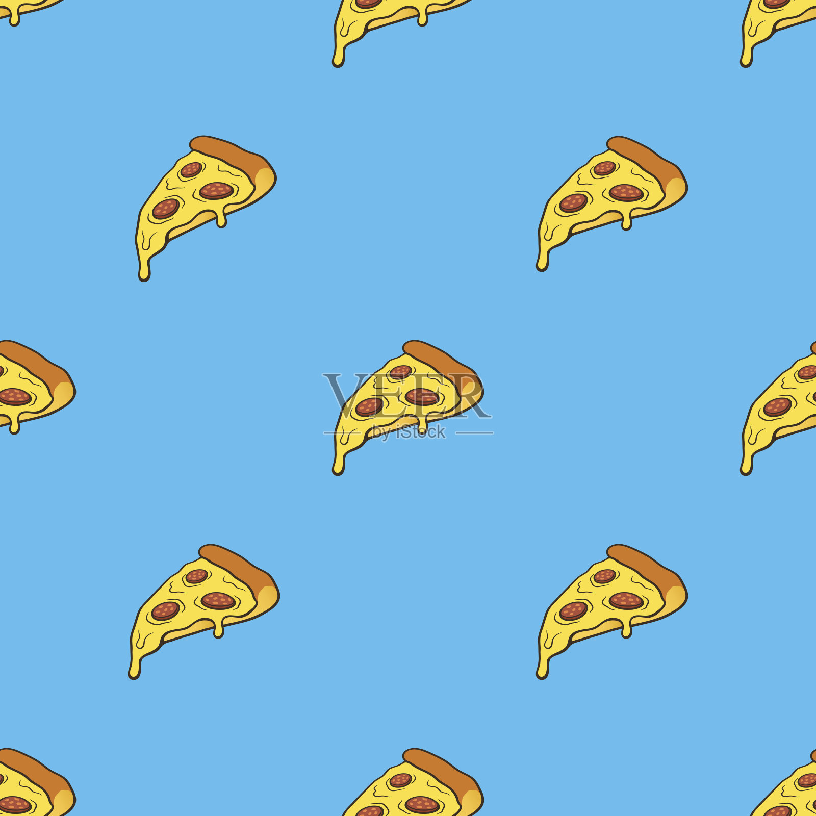 矢量插图。无缝图案与披萨切片波普艺术风格的蓝色背景。快餐和意大利菜。模式与轮廓插画图片素材