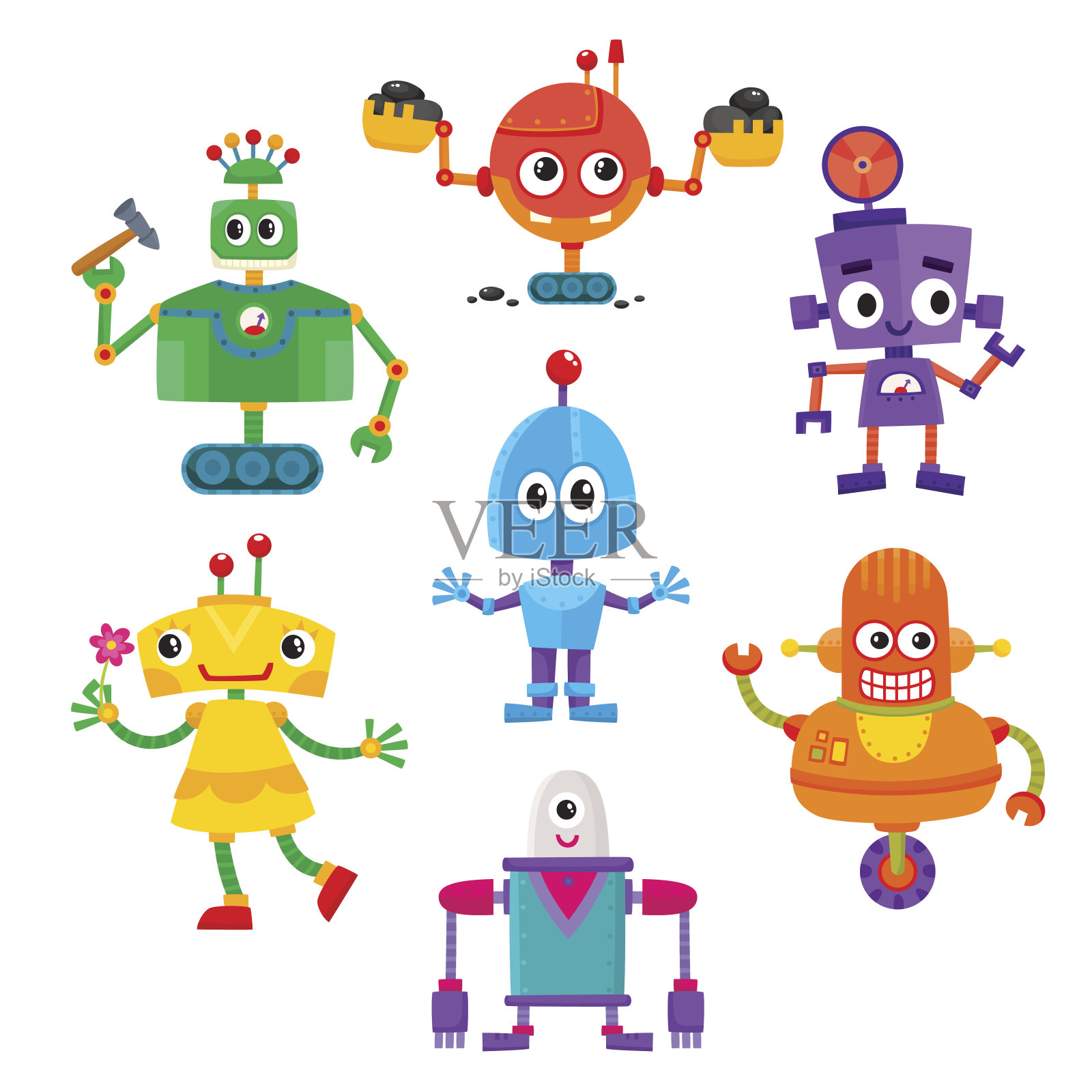 一套可爱和有趣的彩色机器人角色插画图片素材