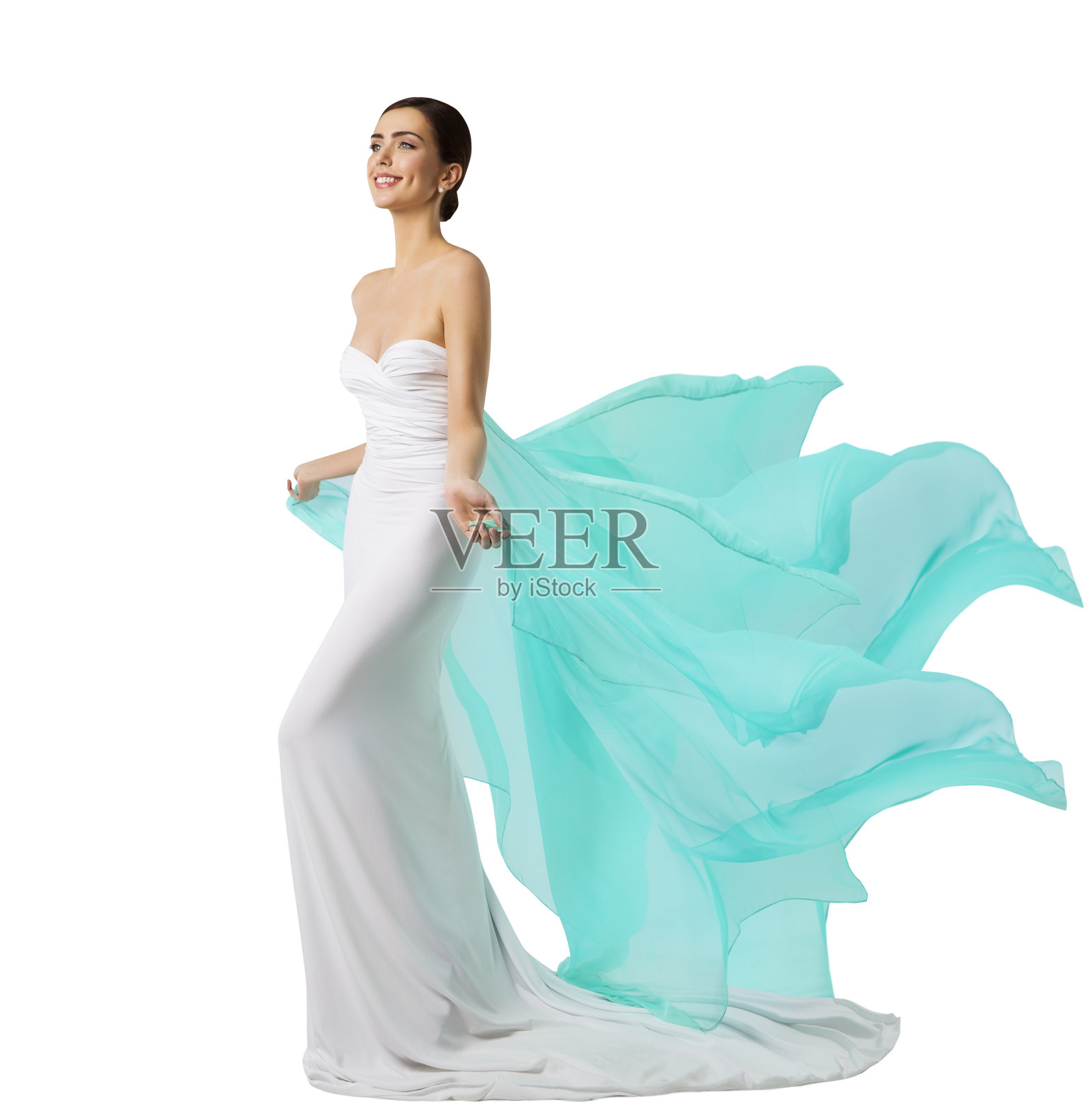 女人长裙，时尚模特在白色丝绸长袍，飘扬的飞布照片摄影图片