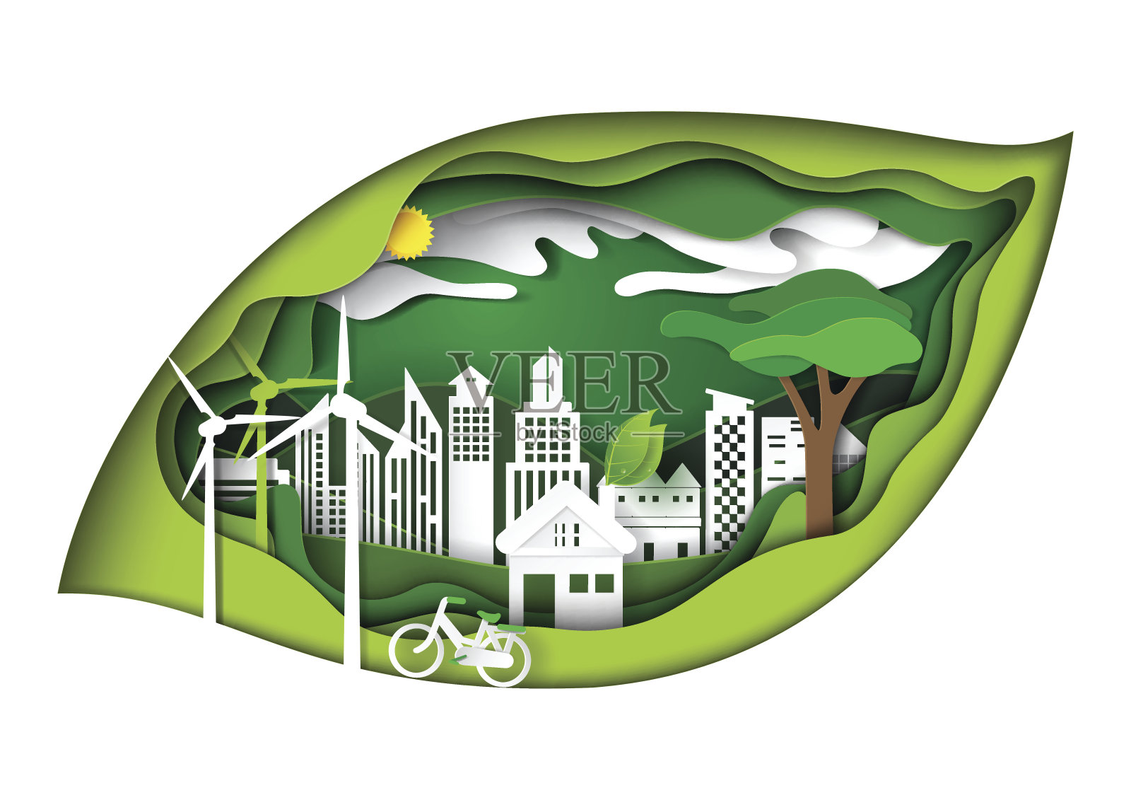 绿叶形的生态绿色城市概念。插画图片素材