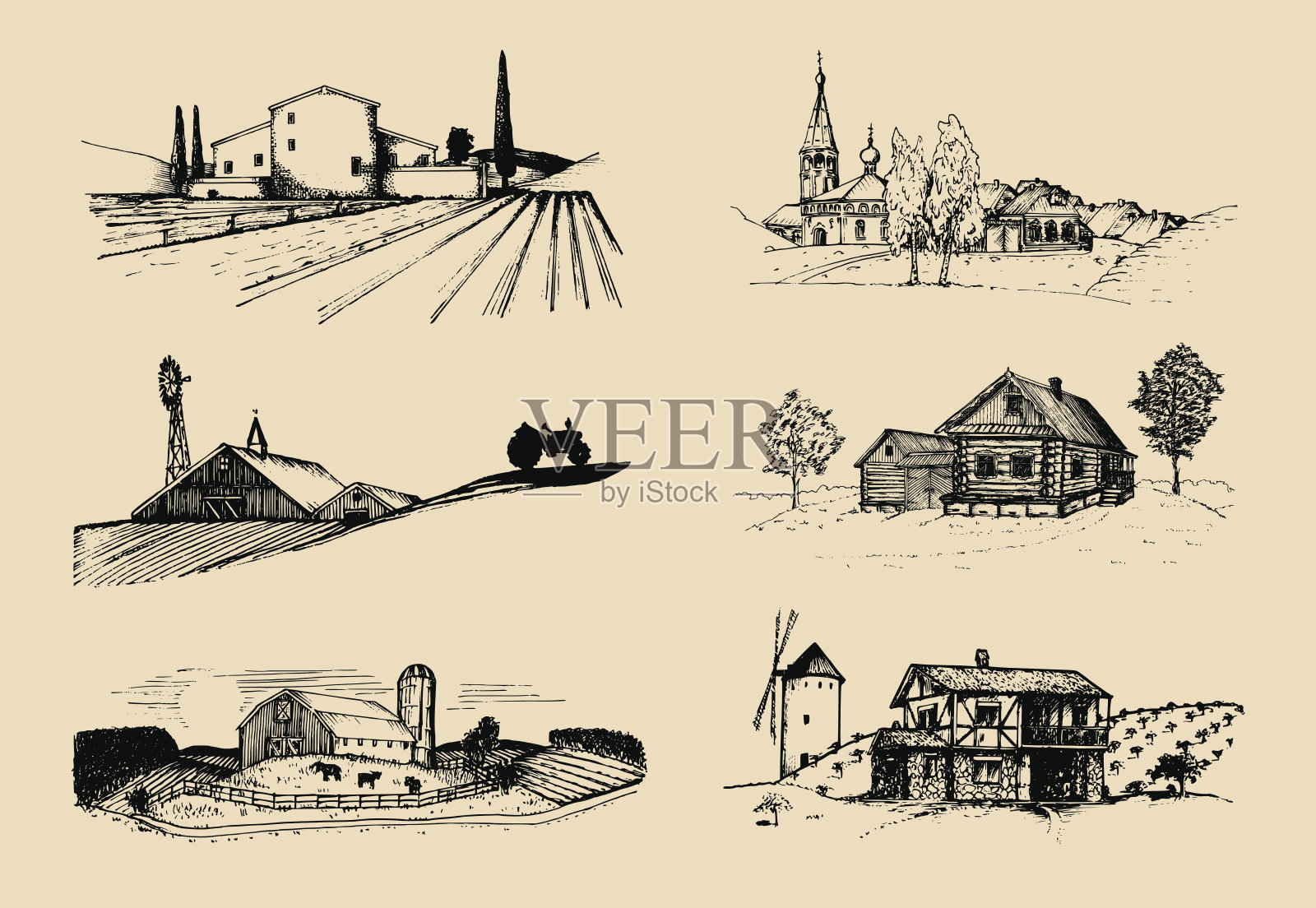 矢量农场景观插图设置。田野和山丘上的别墅、宅基地的草图。俄罗斯的农村。插画图片素材
