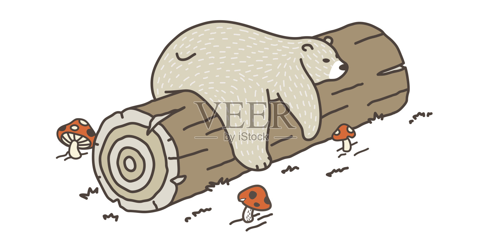 北极熊睡在原木蘑菇的院子里涂鸦插画插画图片素材