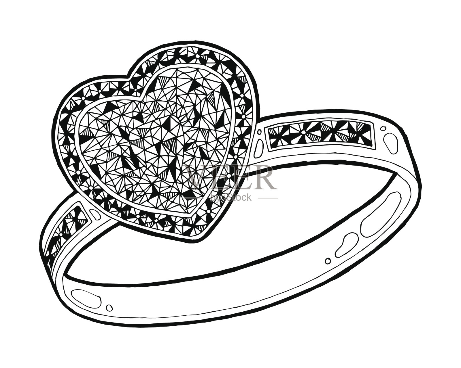 戒指与听到的形状钻石素描。手绘戒指首饰。戒指与钻石素描风格矢量插图插画图片素材