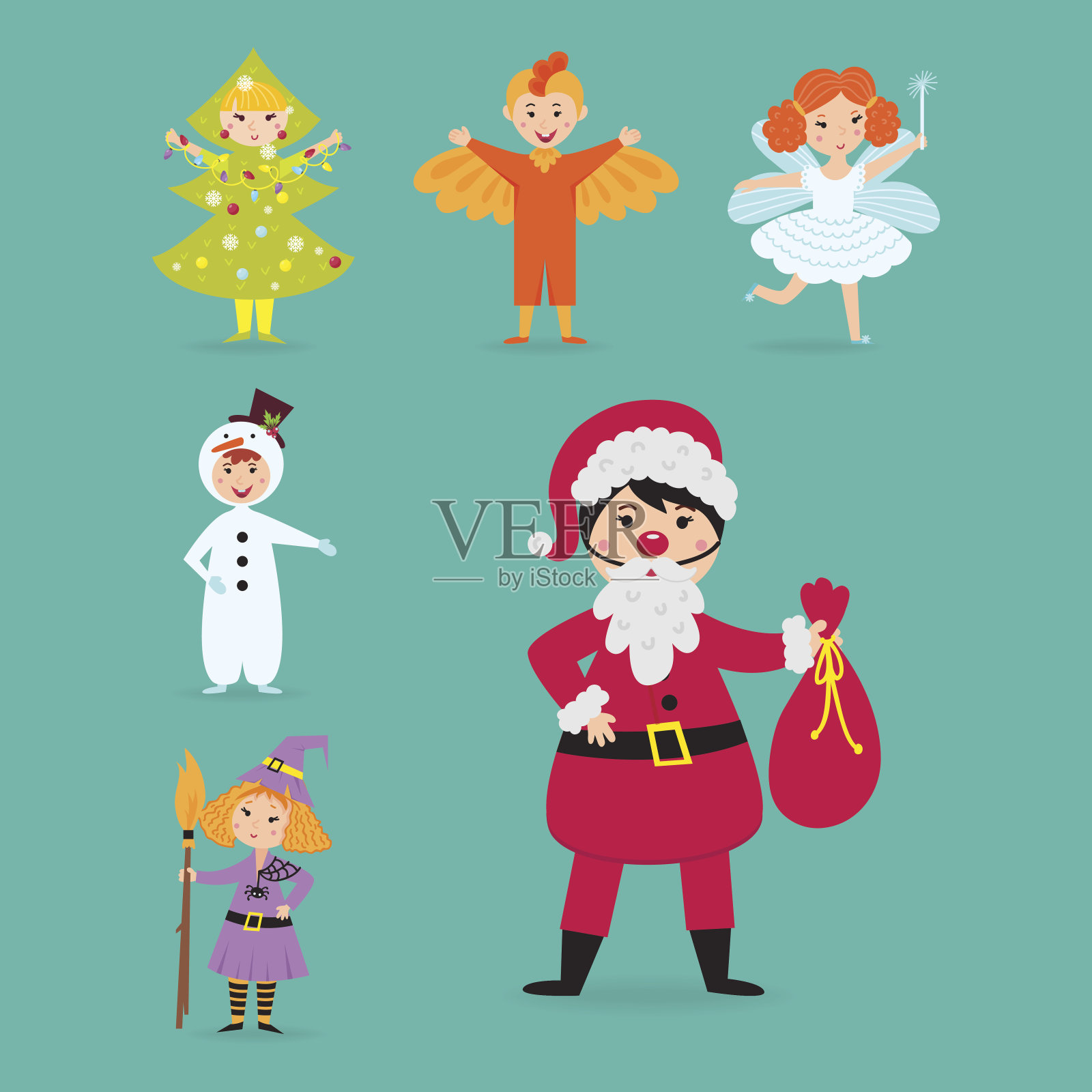 可爱的孩子们穿着圣诞服装矢量人物，孤立的快乐的孩子节日插图插画图片素材
