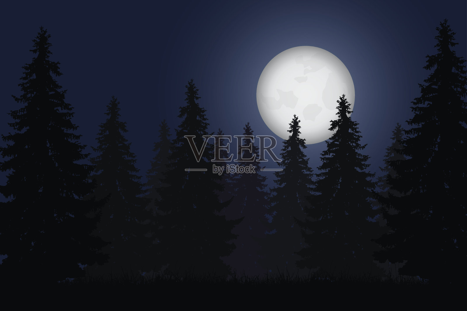 真实的矢量图森林与树木在夜空下闪烁的月亮插画图片素材