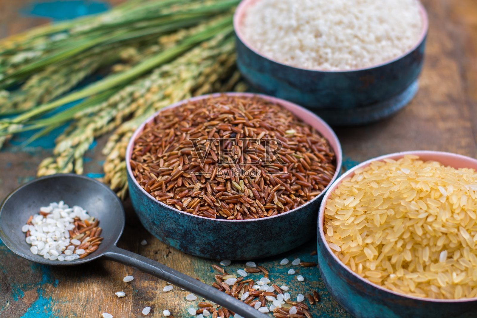 来自法国Camargue稻田的绿色水稻穗和各种碗里的干大米照片摄影图片
