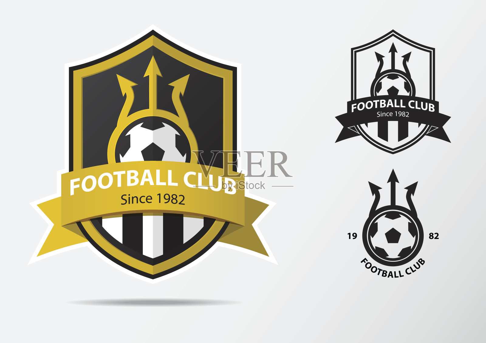 足球或足球徽章图标设计的足球队。金色叉子和金色丝带的简约设计。足球俱乐部图标黑白图标。向量。插画图片素材
