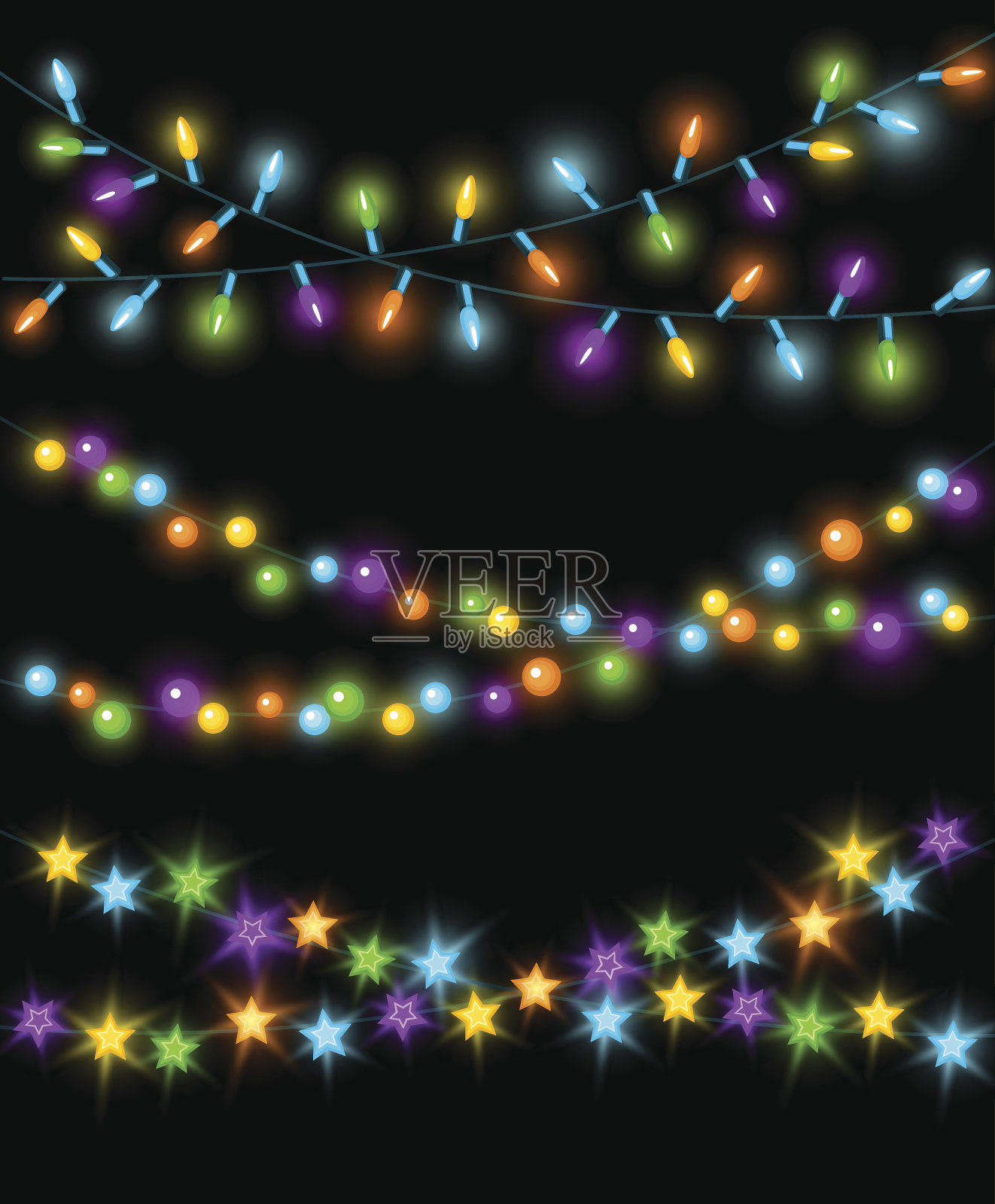 庆祝圣诞节、新年生日等活动时，发光的五颜六色的led灯泡、圆圈和星星、挂花环的背景插画图片素材