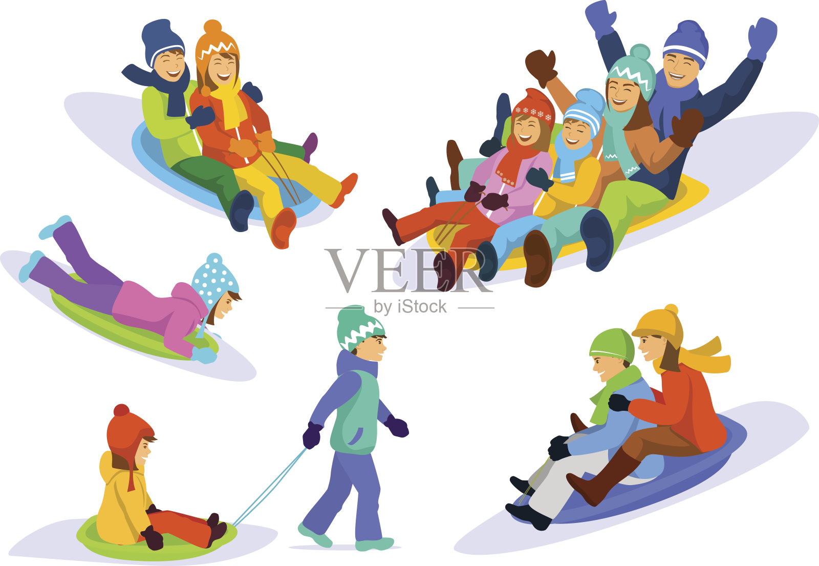 家庭，夫妇，男人，女人，孩子，女孩，男孩滑雪下山集。冬天的有趣的活动。插画图片素材