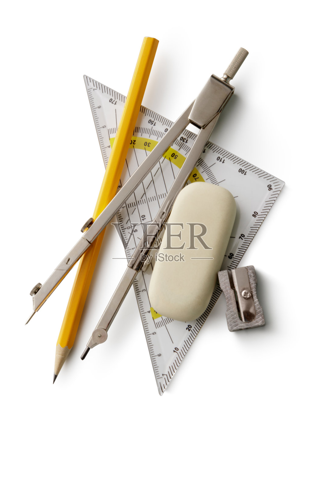 办公室:圆规，设置方形，铅笔，橡皮和卷笔刀孤立在白色背景照片摄影图片