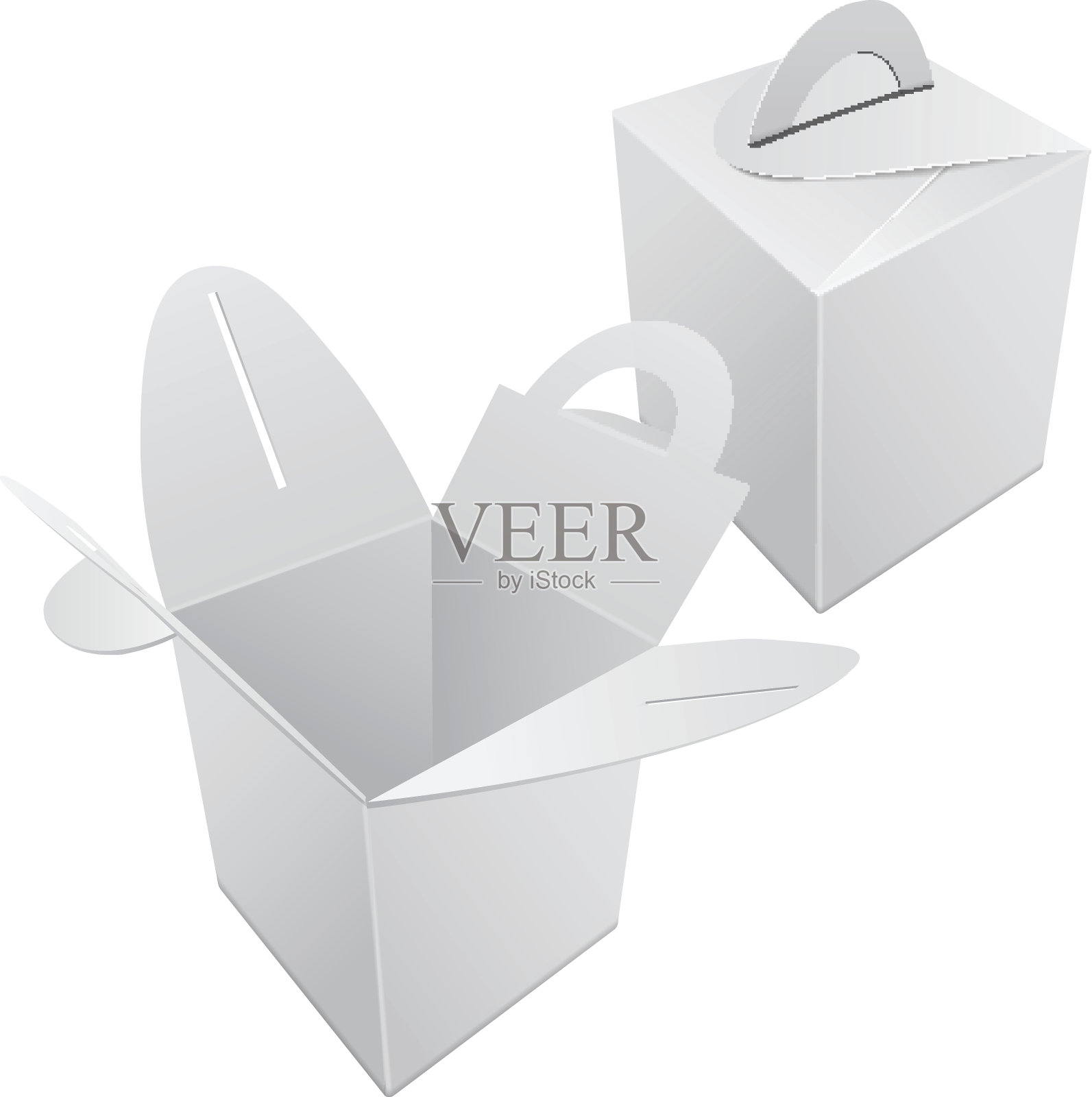 一套空白牛皮纸礼品盒模型。白色带柄容器。矢量礼品盒模板，纸板包装插画图片素材