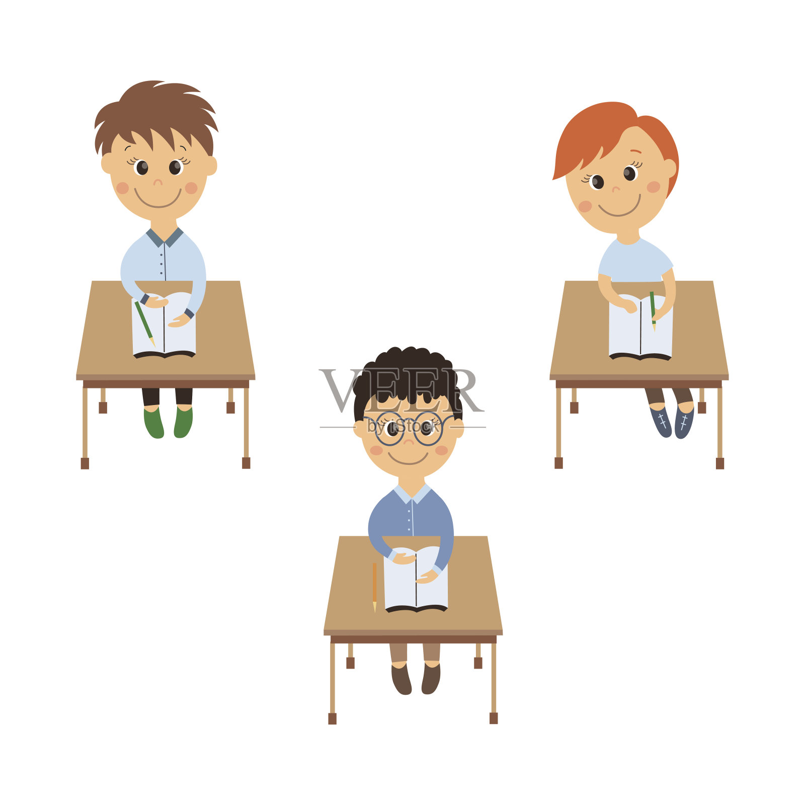 向量平小学生坐在书桌前设置孤立插画图片素材
