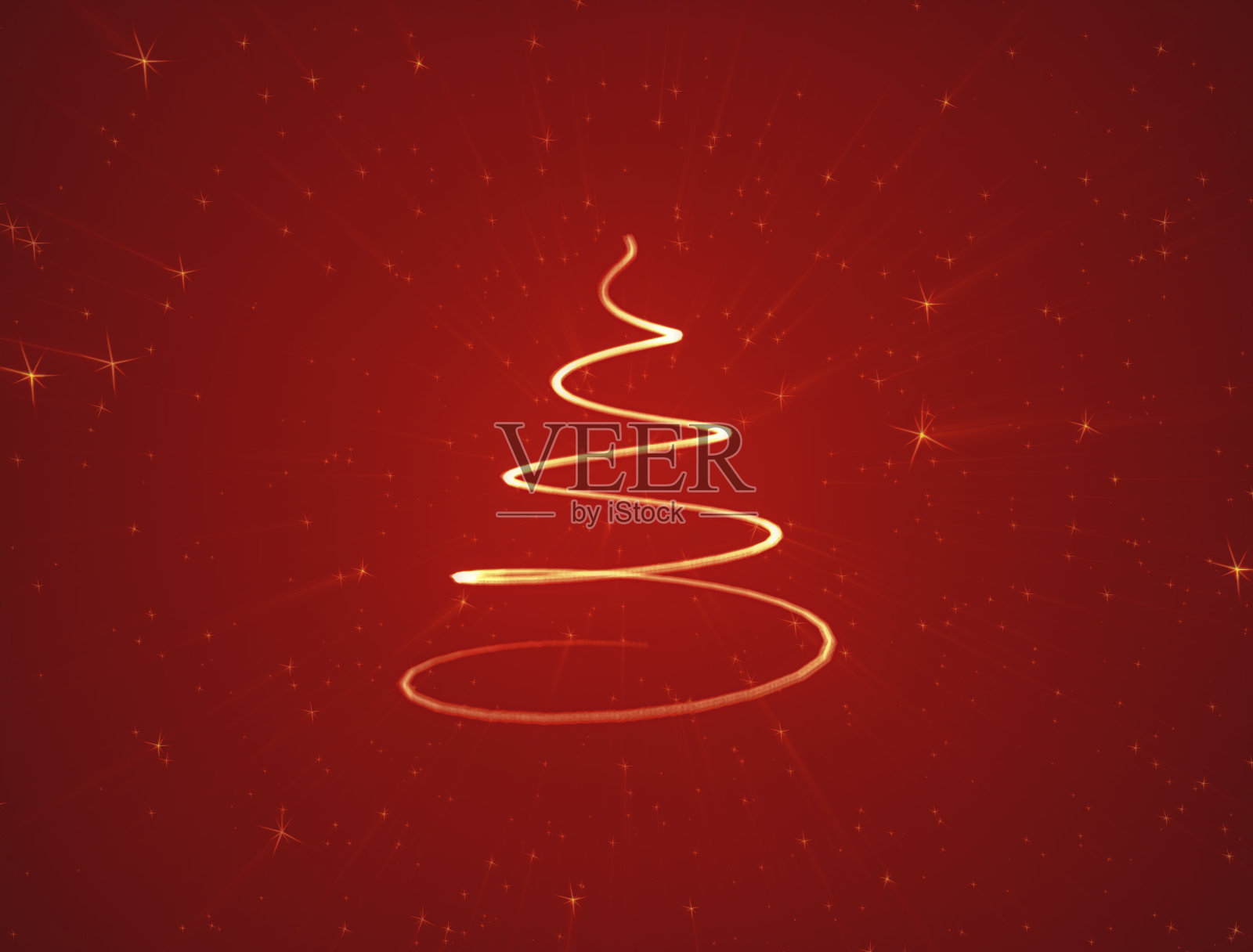 红色节日背景。金色的圣诞树被流星包围。插画图片素材