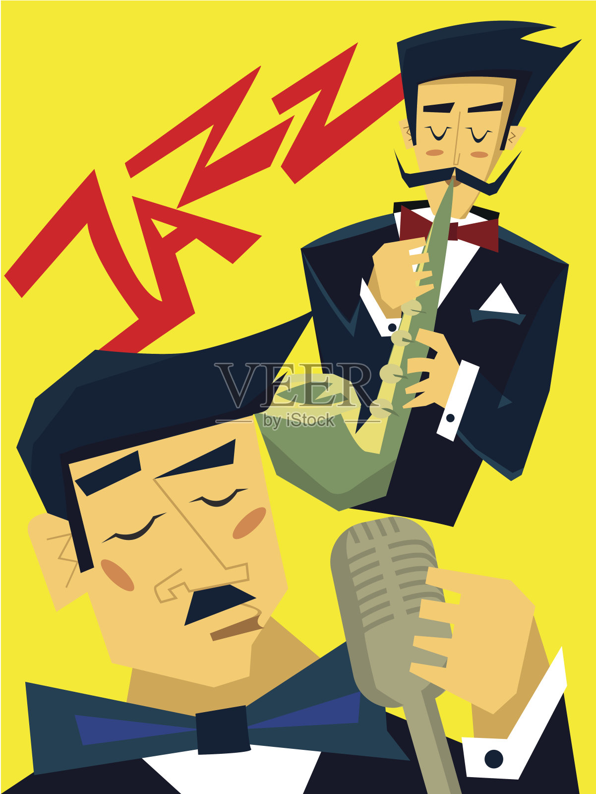 爵士音乐会海报模板。男人吹萨克斯管，歌手对着麦克风唱歌。矢量插图。设计模板素材
