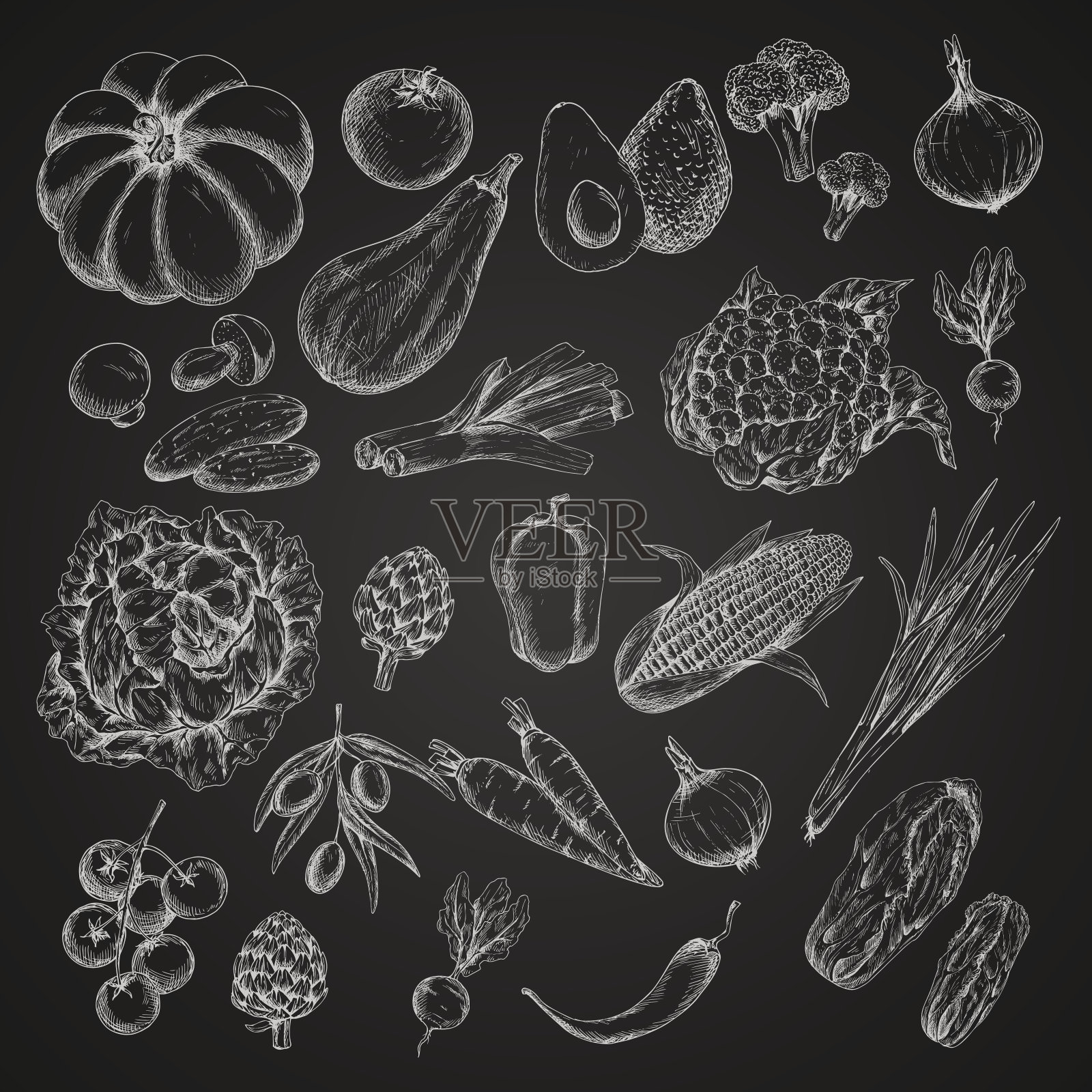 矢量蔬菜粉笔素描图标设置插画图片素材