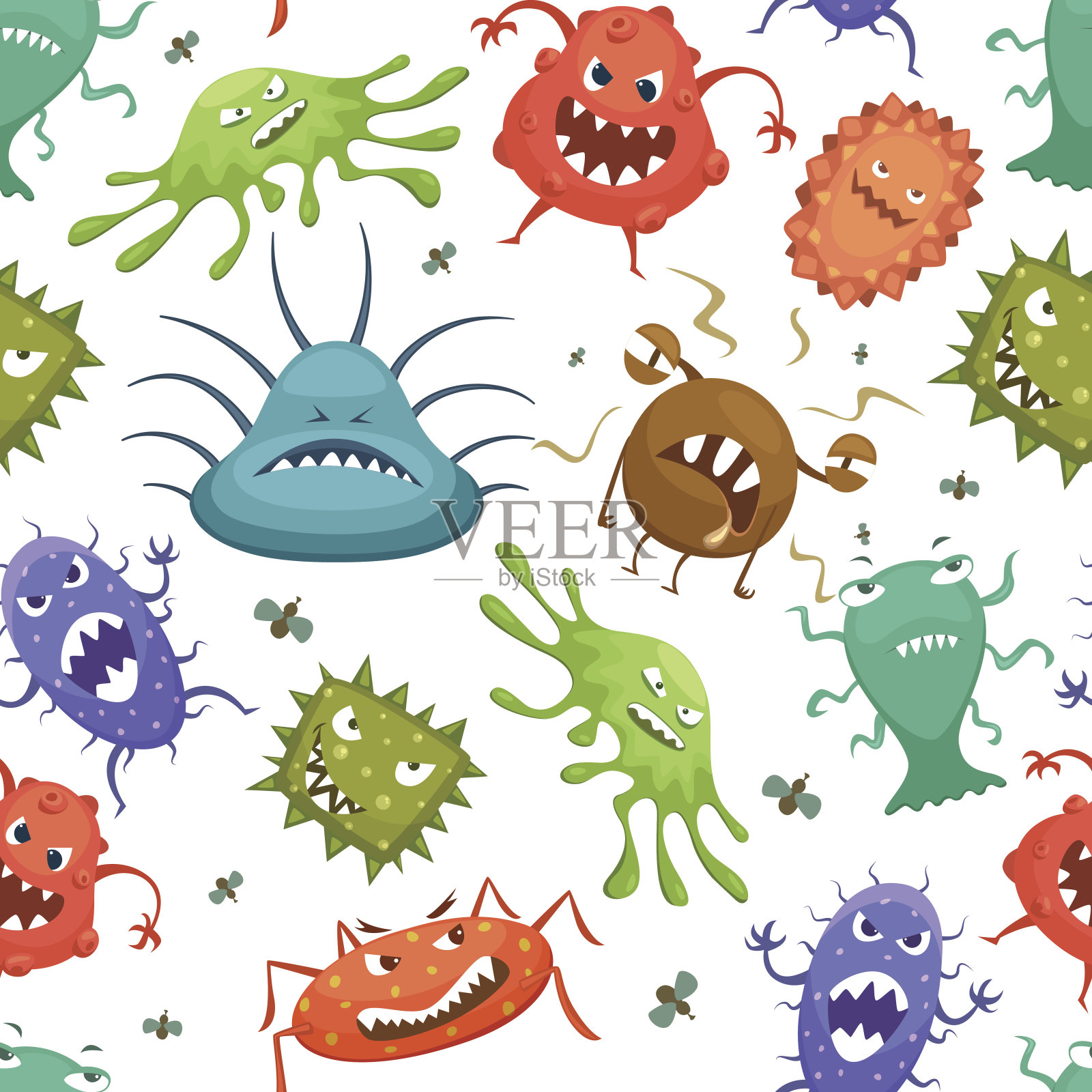 危险的。链球菌、乳酸菌、葡萄球菌等微生物卡通造型。向量无缝模式插画图片素材