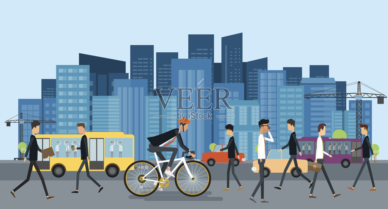 扁平的商人骑着自行车在城市里上班，带着商务人士和节能理念插画图片素材