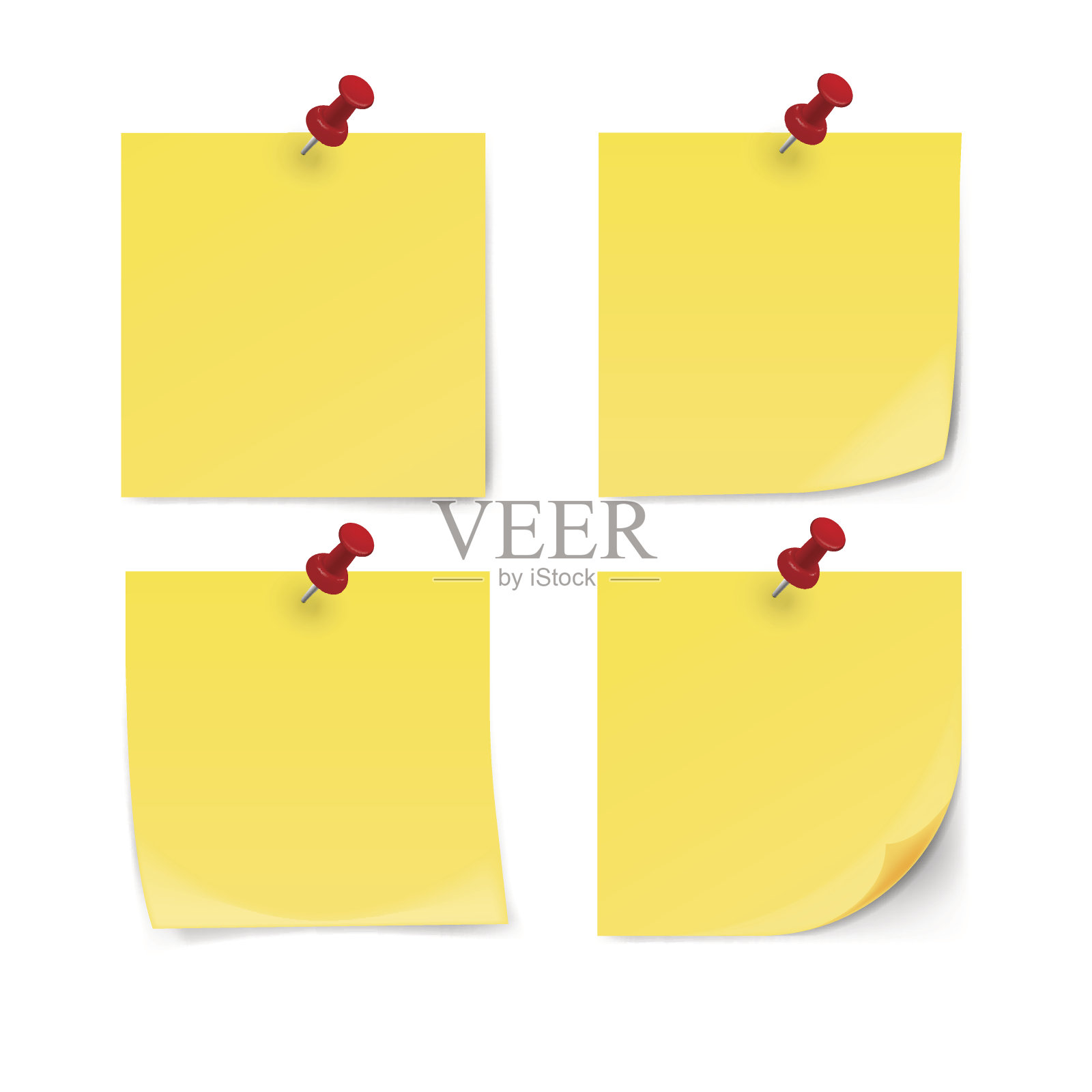 黄色便利贴与别针夹隔离在白色背景。插画图片素材