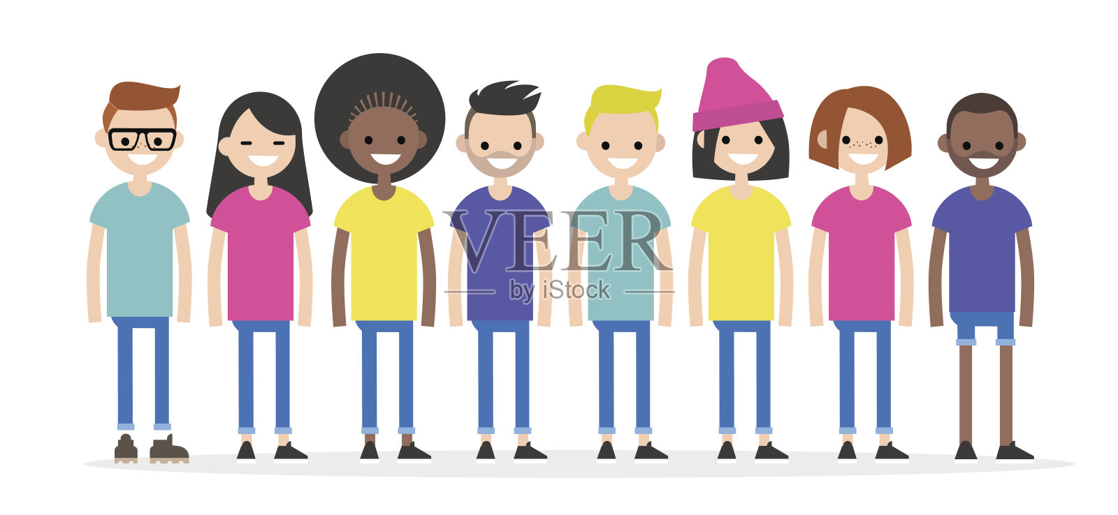 一组人物穿着五颜六色的t恤。多样性概念说明。多种族的年轻人。平面可编辑字符，剪贴画插画图片素材