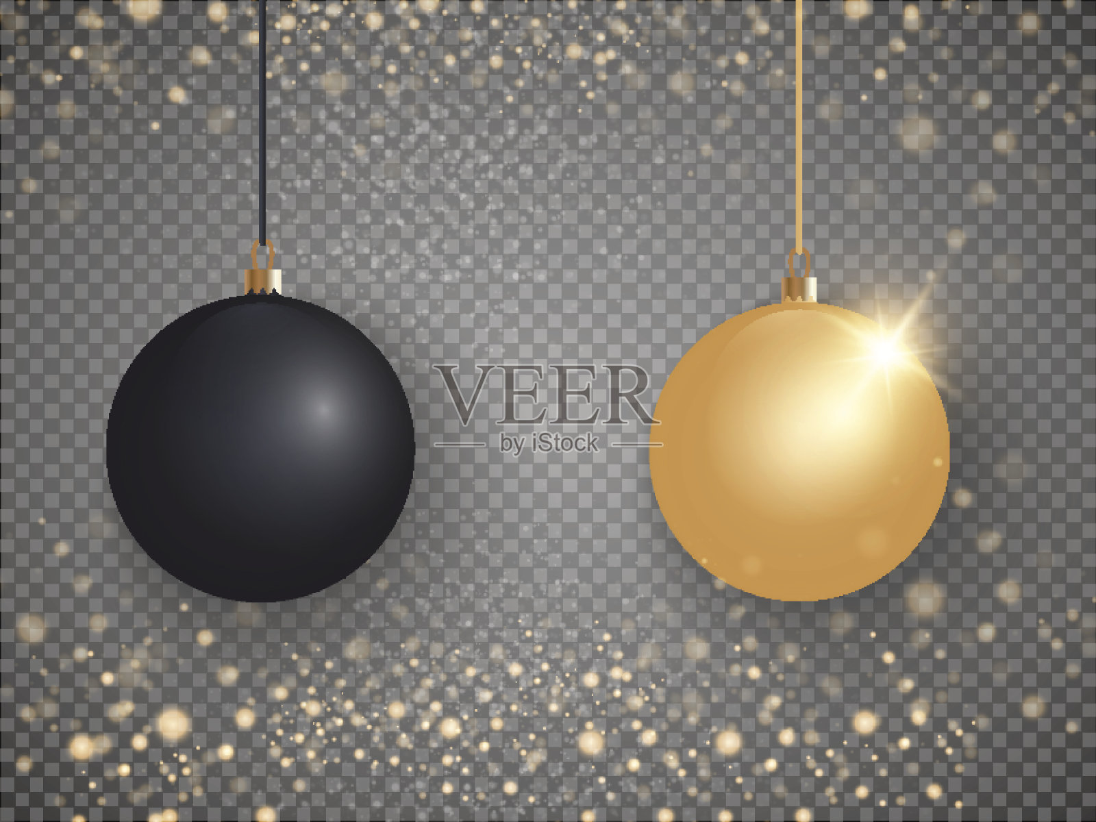 黑色和金色的圣诞球，金色眩光和光孤立在透明的背景。矢量插图。插画图片素材