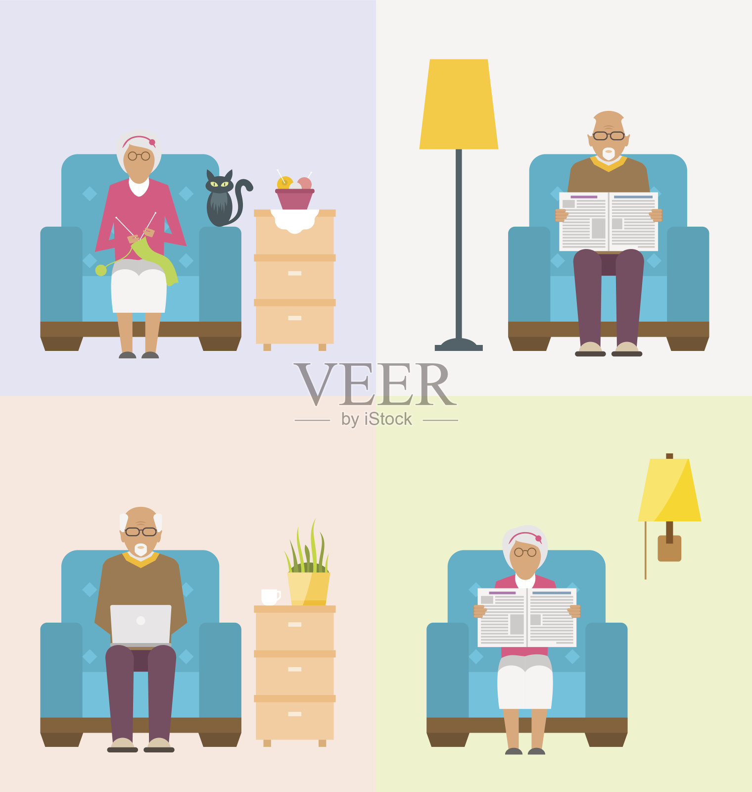 退休老人休闲，读报，编织，上网。家庭室内背景插画图片素材