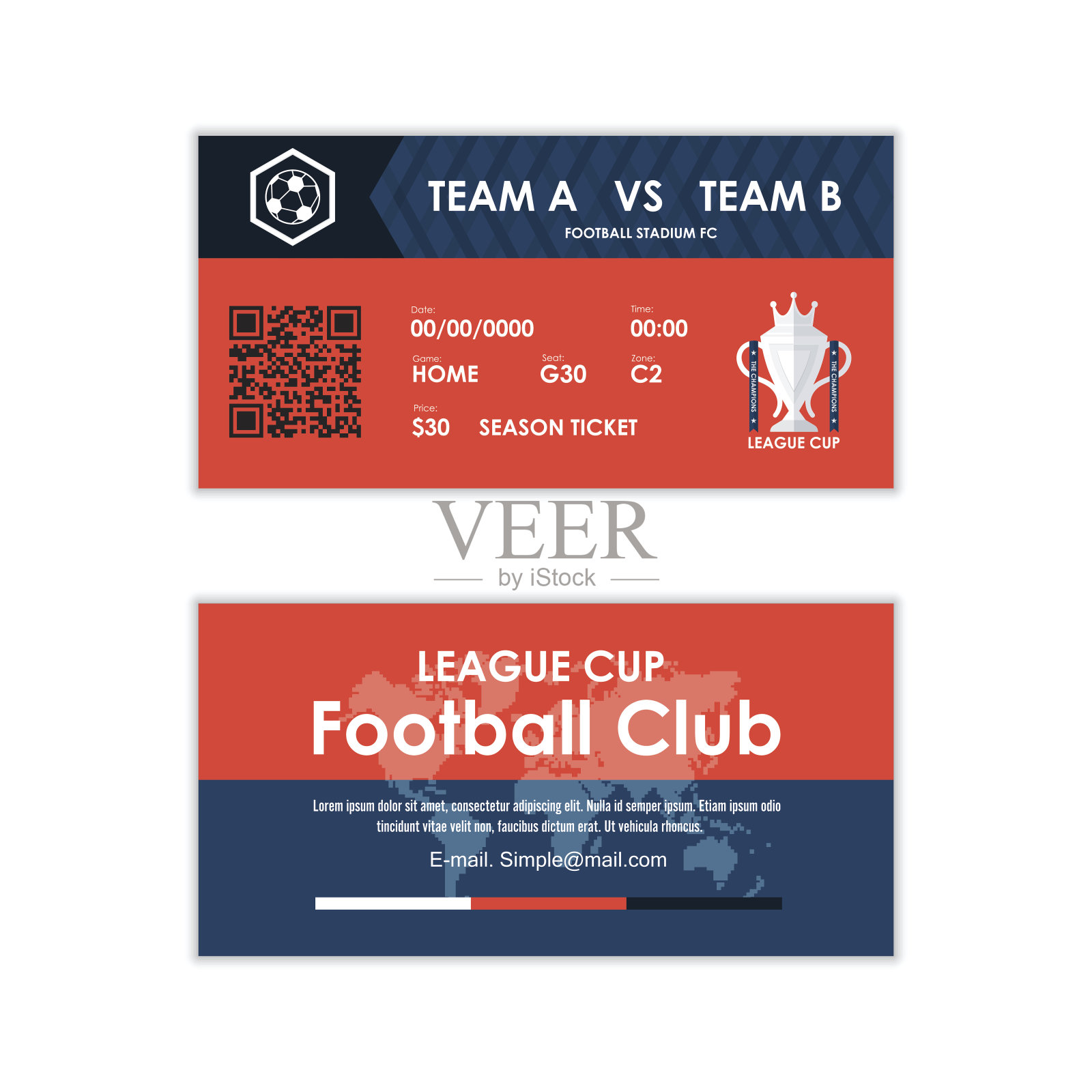 足球、足球票卡元素橙色和深蓝色现代平面设计。矢量插图。设计模板素材