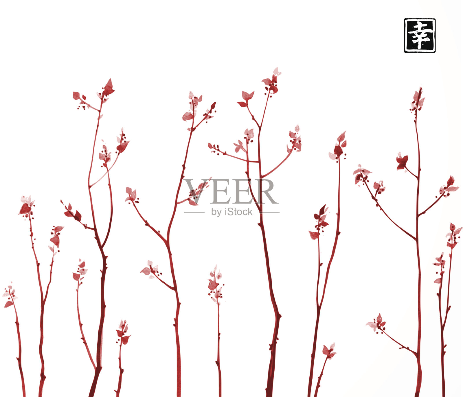 红色的树枝和新鲜的叶子在白色的背景。包含象形文字-幸福。传统的东方水墨画粟娥、月仙、围棋。设计元素图片