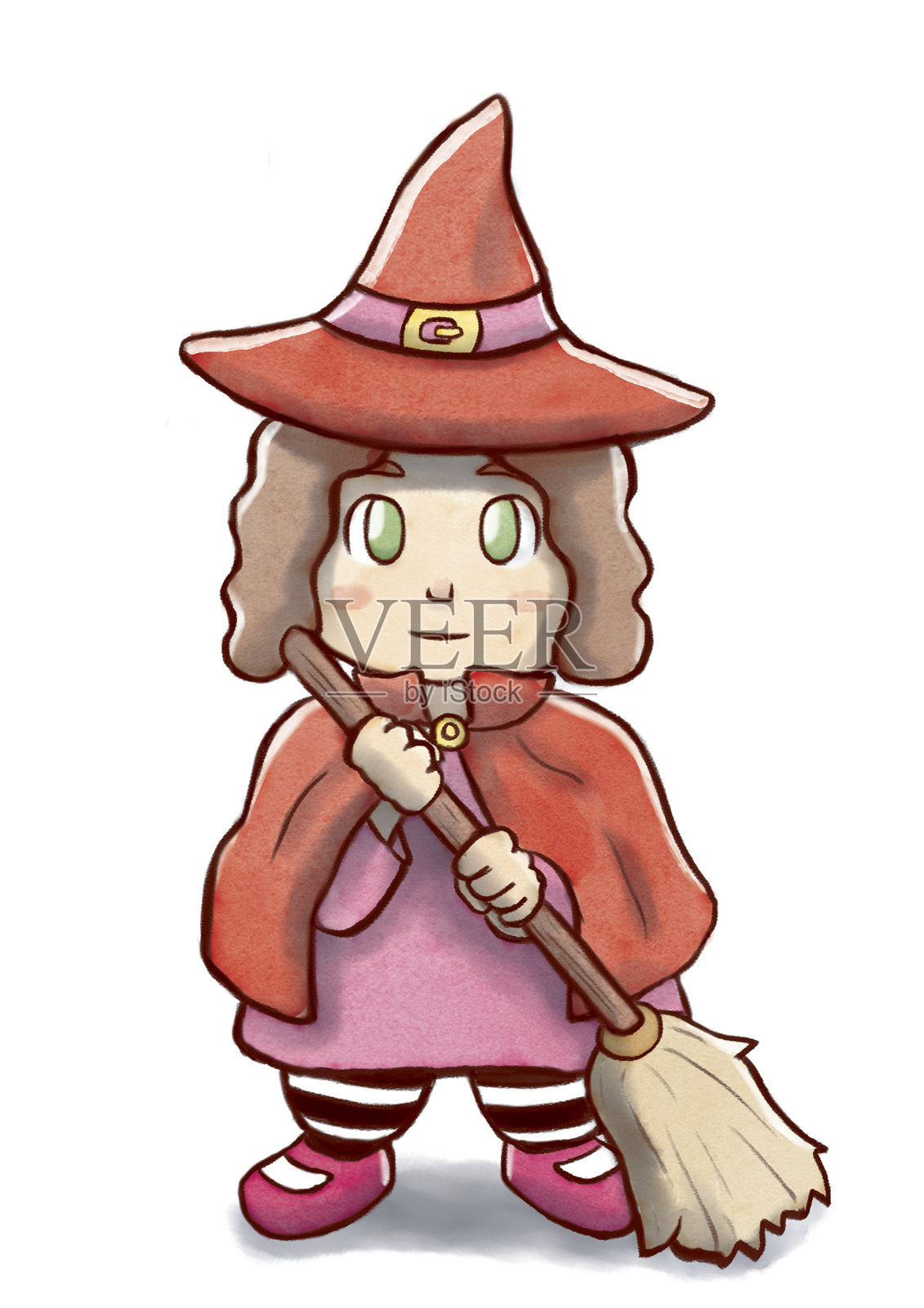 穿着红衣服拿着扫帚的小女巫插画图片素材