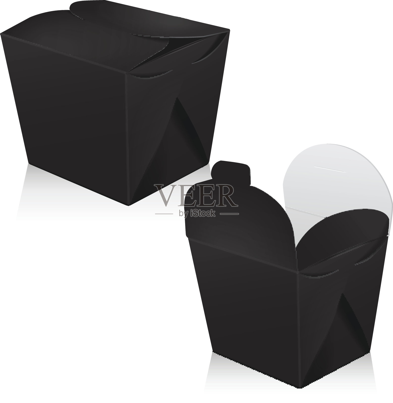 一套黑色空白锅盒模型。向量的三维包装。纸盒亚洲或中国带走食品纸袋插画图片素材