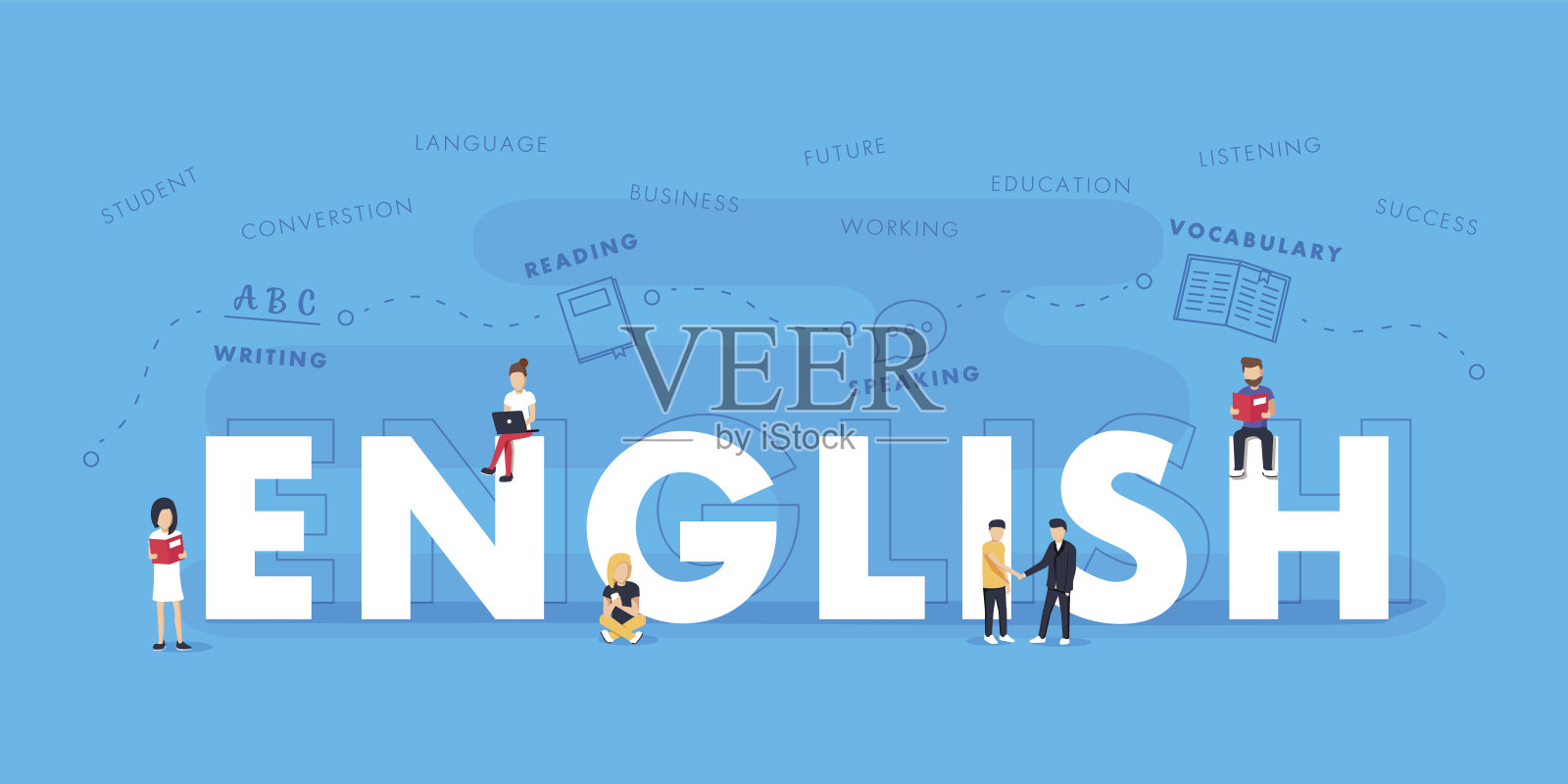 英语单词教育与图标平面设计。向量多语言排印词云与多个词插画图片素材