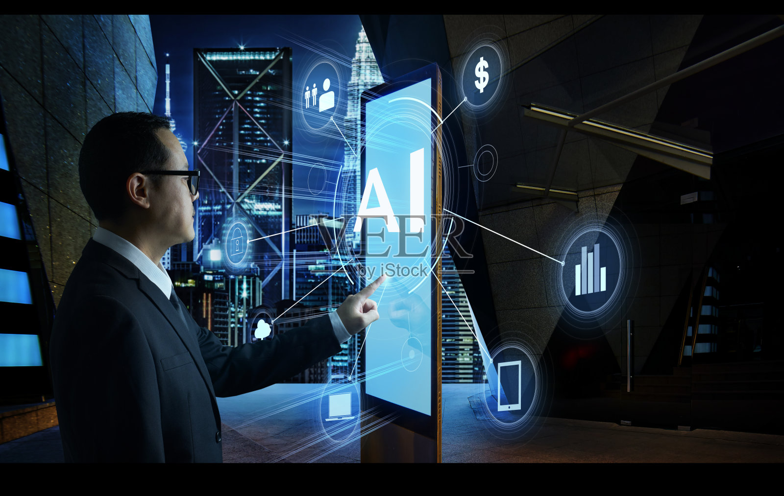 商人触摸“AI”字的数字展台与金融科技信息图表。高科技的商业理念。照片摄影图片
