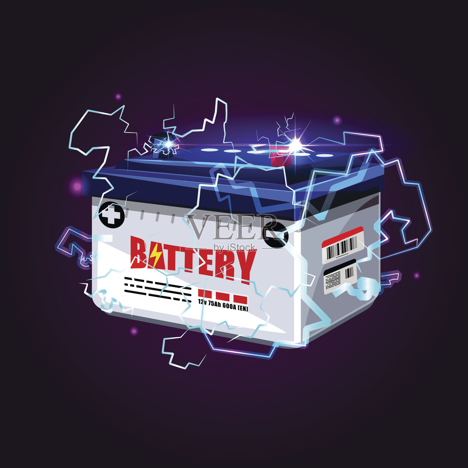 汽车蓄电池具有电火花照明效果。动力能量概念-矢量设计元素图片