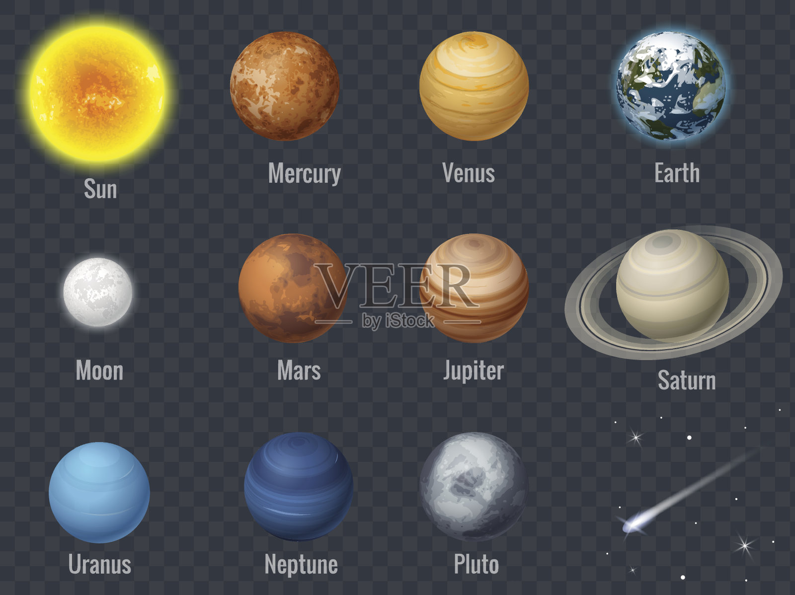 平面等距孤立的行星在太阳系透明背景信息图模板矢量插图插画图片素材