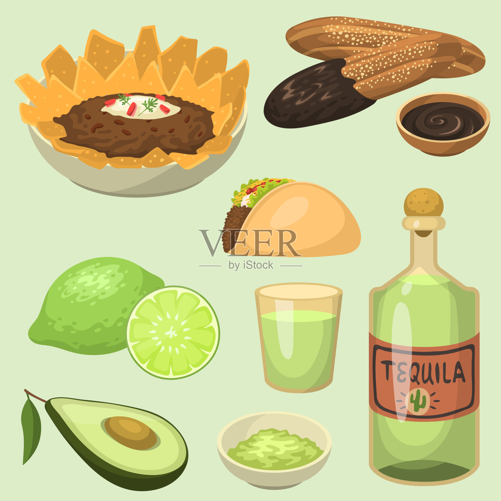 墨西哥传统食物餐盘孤立午餐酱墨西哥菜矢量插图插画图片素材