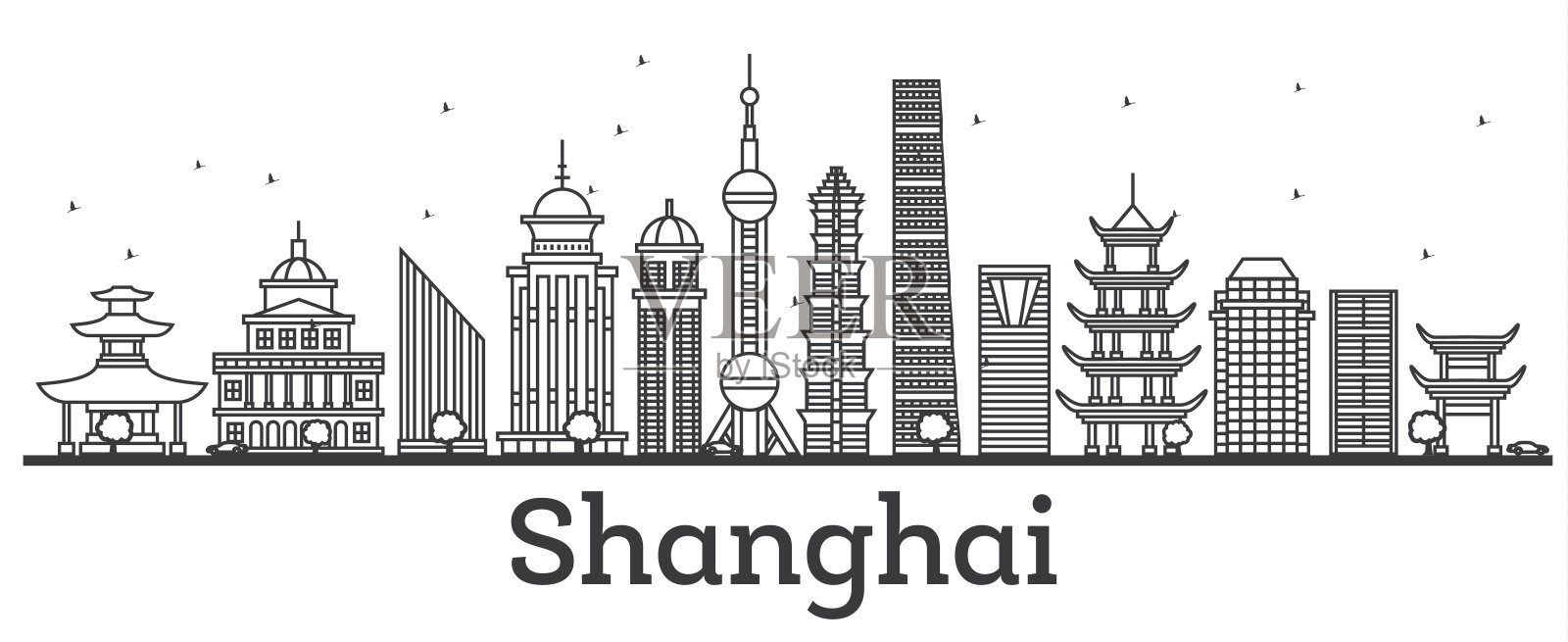 用现代建筑勾勒出上海的天际线。插画图片素材
