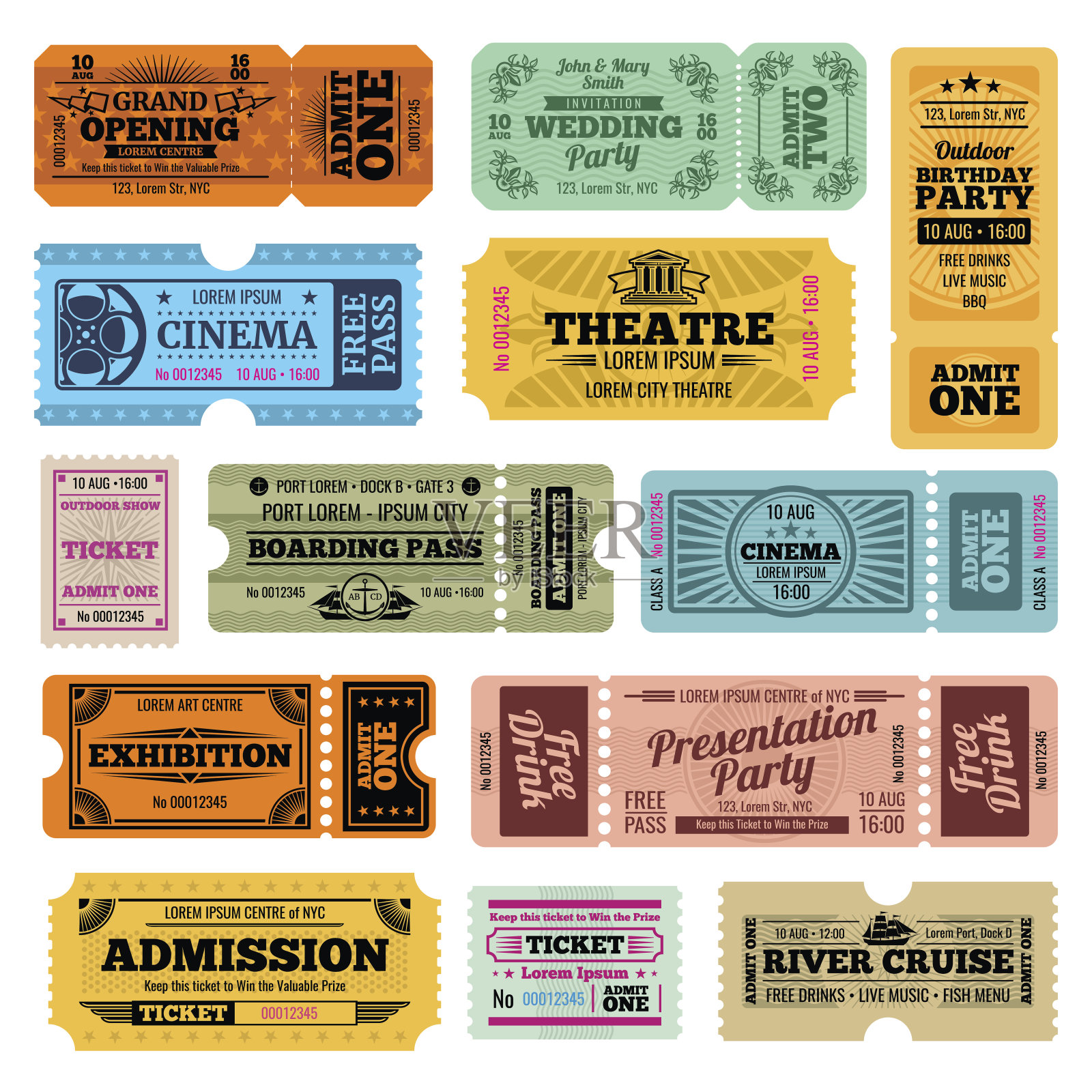 马戏团，派对和电影矢量老式入场券模板设计模板素材