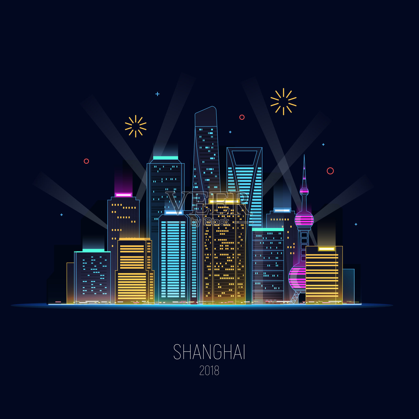 夜晚的上海在霓虹灯下闪闪发光。大城市的灯光。摩天大楼和烟火。假日背景概念设计。插画图片素材