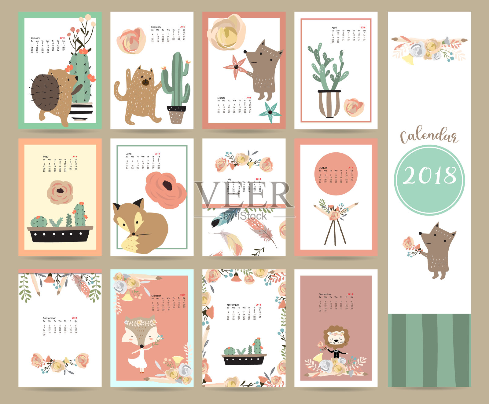 五颜六色的可爱月历2018，有狐狸、熊、仙人掌、花圈、花和豪猪。可用于网页，横幅，海报，标签和打印设计模板素材