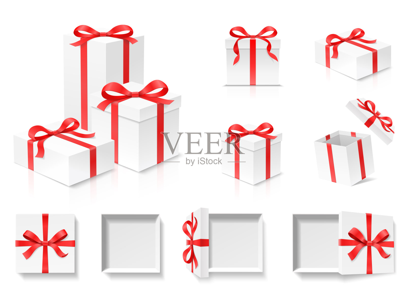 空打开礼盒与红色蝴蝶结和丝带孤立的白色背景。设计元素图片