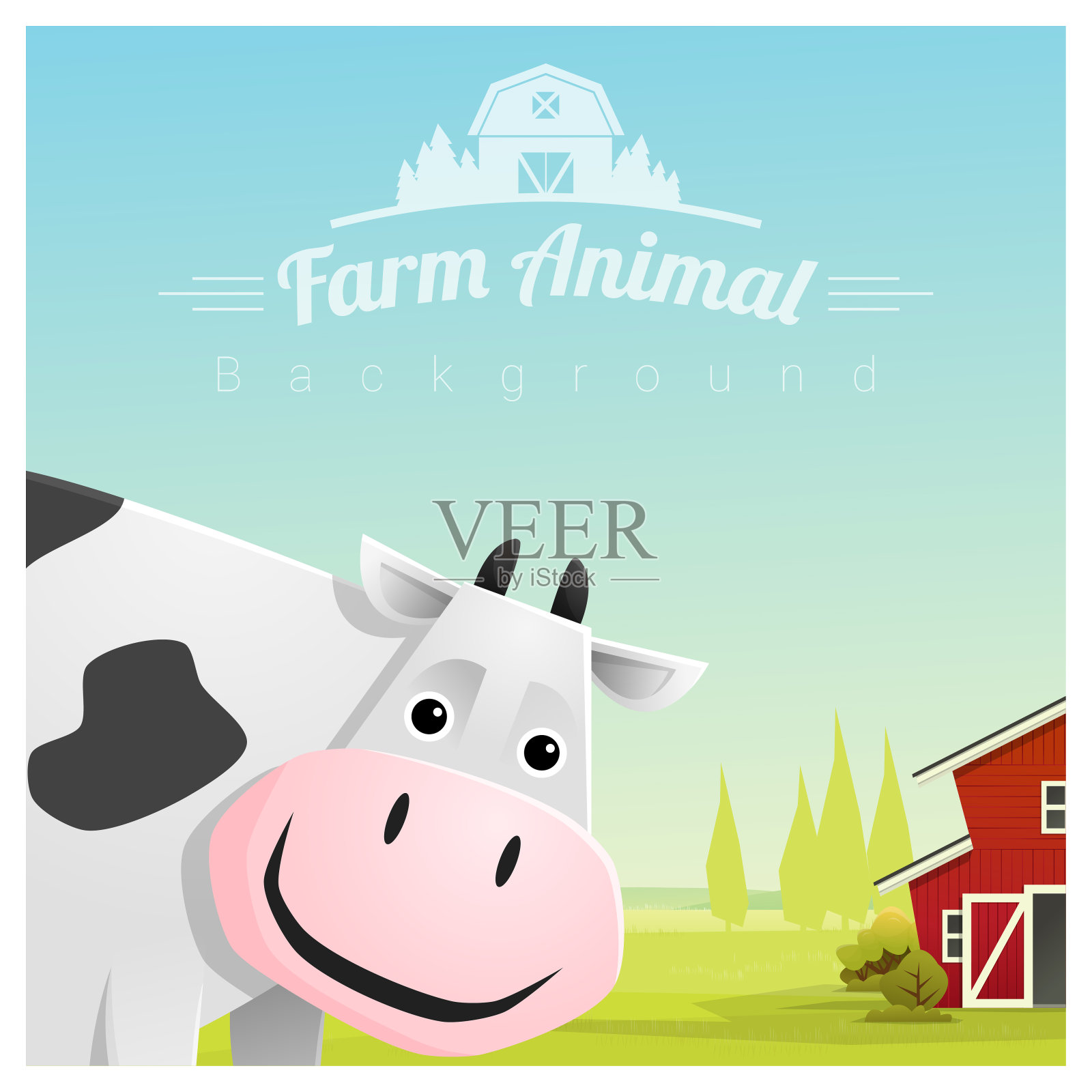农场动物和农村景观背景与牛，矢量，插图插画图片素材