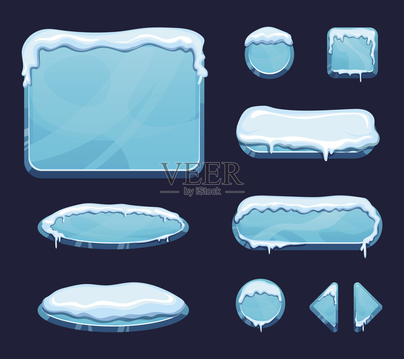 卡通风格的手机游戏ui模板。有光泽的按钮和面板与冰和雪帽插画图片素材