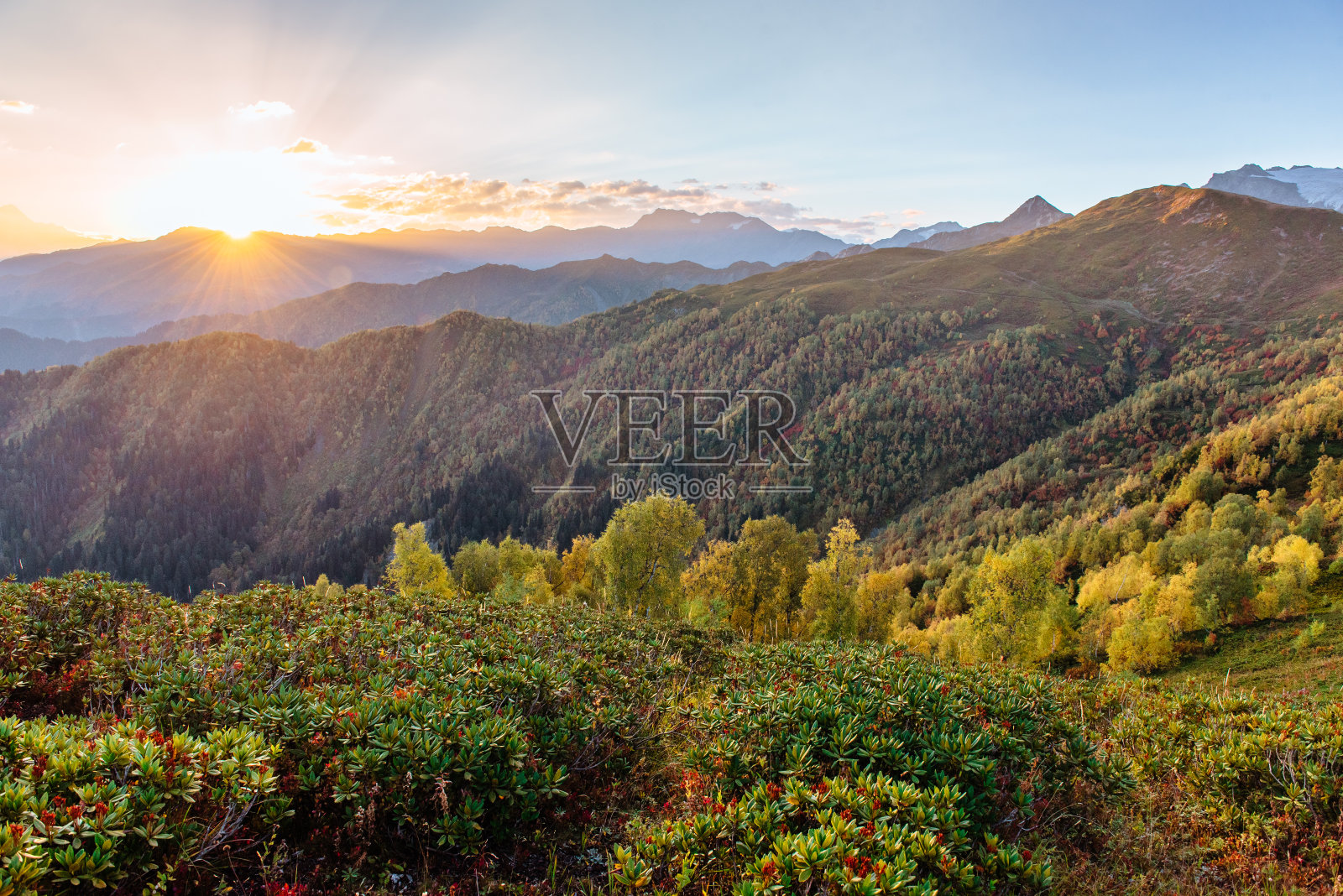 秋天的风景和雪山的山峰。格鲁吉亚乌斯巴迈尔山的景色。照片摄影图片