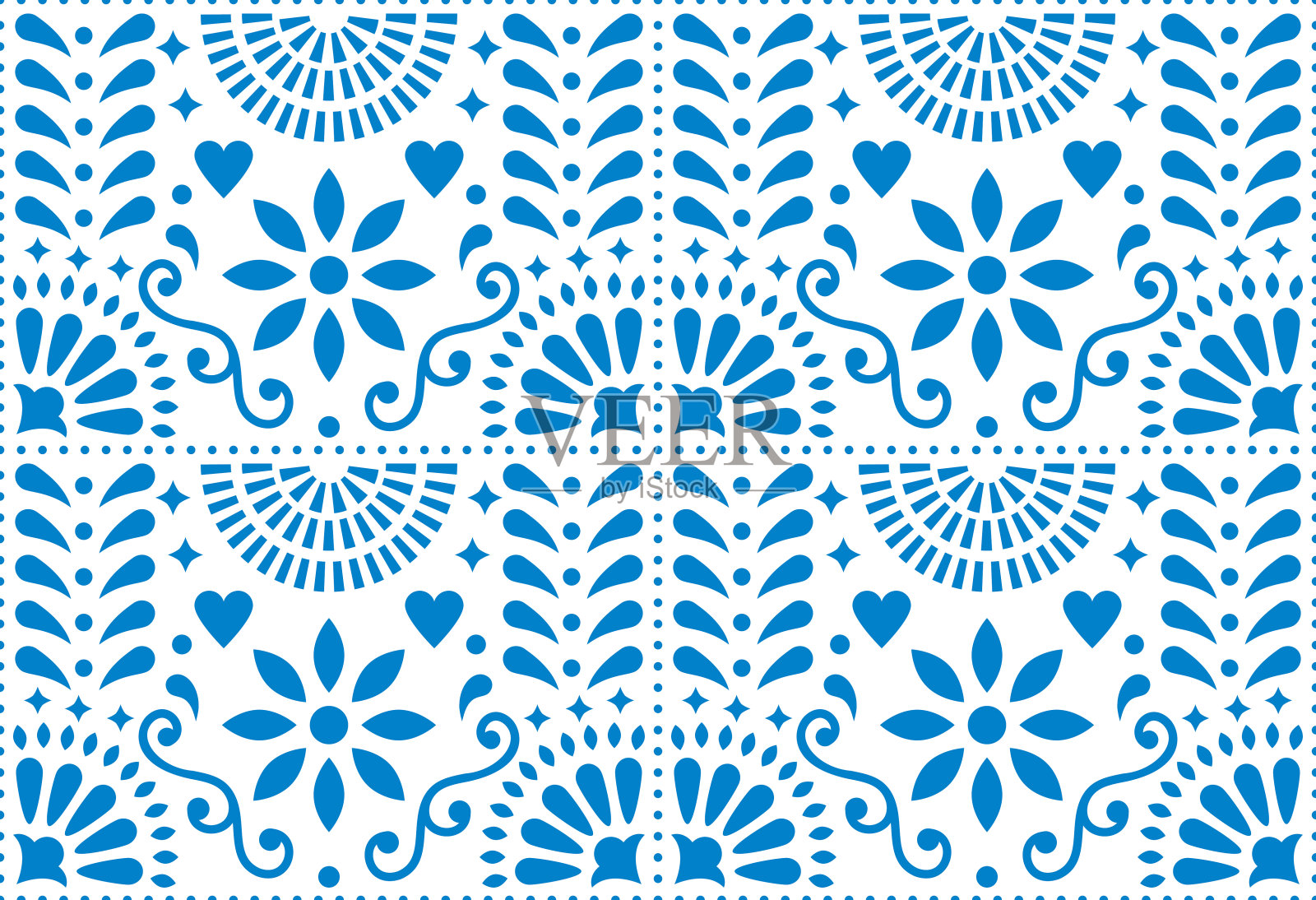 民间艺术矢量无缝图案，墨西哥蓝色花卉设计灵感来自墨西哥传统艺术插画图片素材